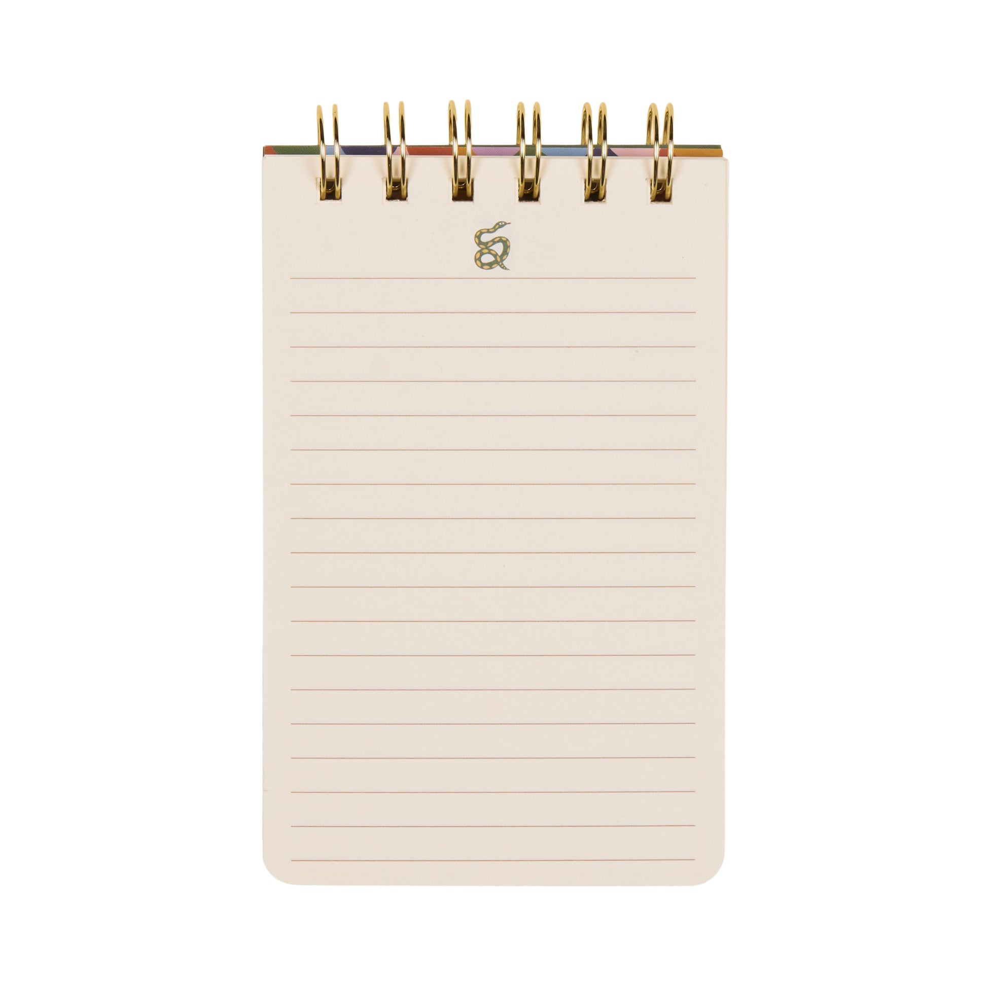 A Dopo Twin Wire Notepad - Snake is a compact, spiral-bound notepad with lined cream-colored pages and a gold twin wire binding at the top. The cover features Mediterranean-inspired hand-drawn snake designs, shown against a white background.