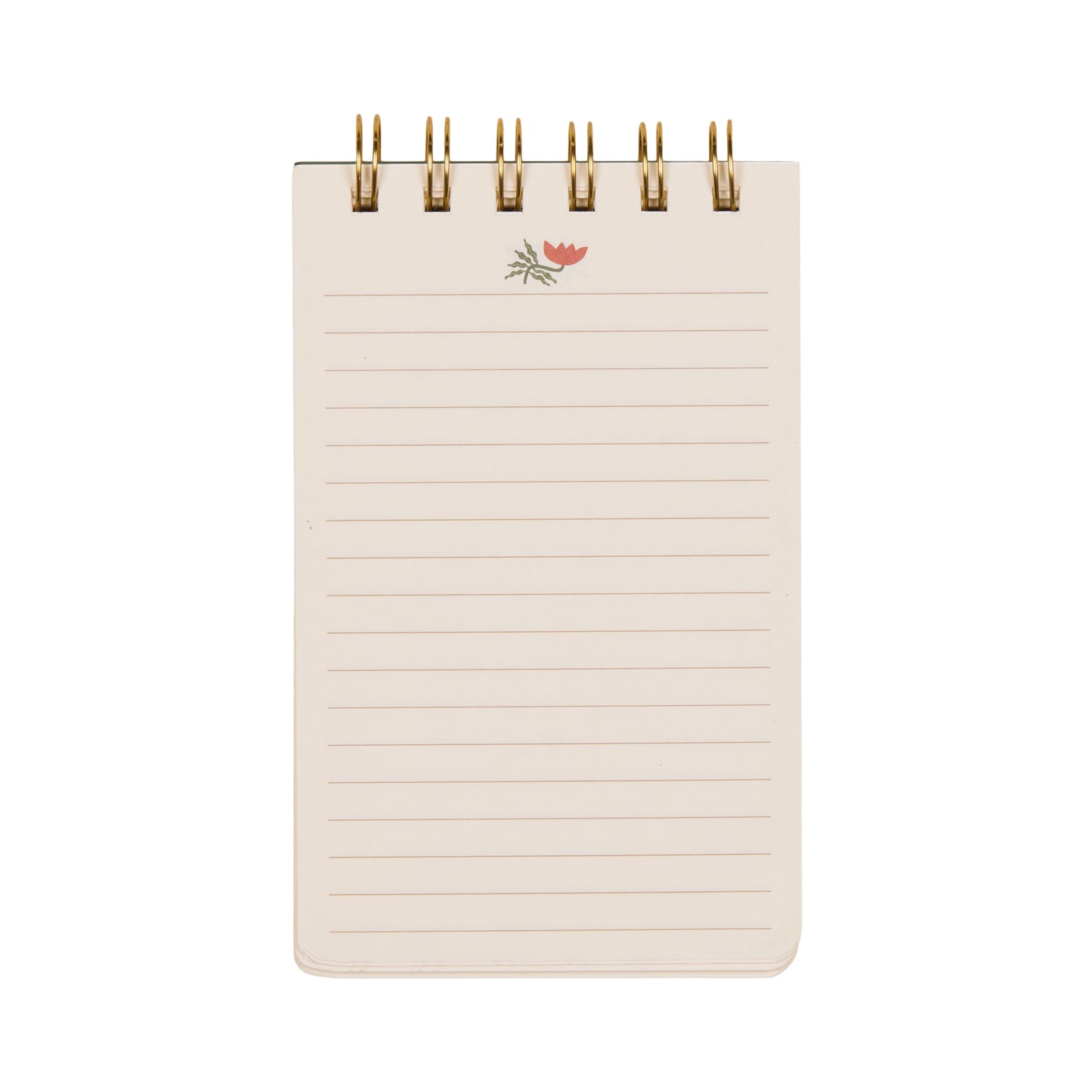 A Dopo Twin Wire Notepad - Flower features a petite spiral-bound design with lined pages and a charming, minimal red flower illustration at the top—a whimsical piece of Mediterranean-inspired stationery displayed on a white background.