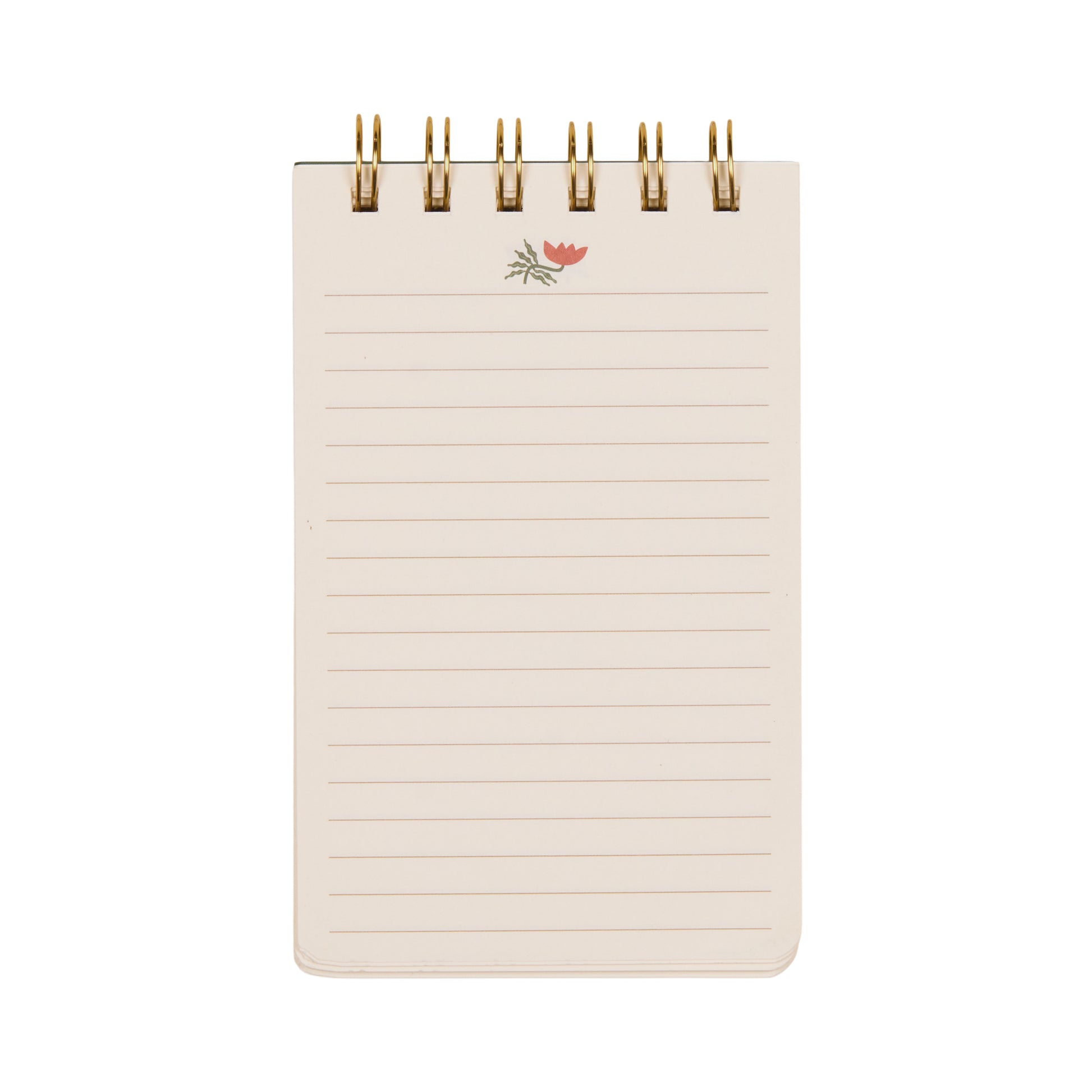 A Dopo Twin Wire Notepad - Flower features a petite spiral-bound design with lined pages and a charming, minimal red flower illustration at the top—a whimsical piece of Mediterranean-inspired stationery displayed on a white background.