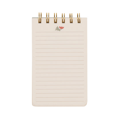 A Dopo Twin Wire Notepad - Flower features a petite spiral-bound design with lined pages and a charming, minimal red flower illustration at the top—a whimsical piece of Mediterranean-inspired stationery displayed on a white background.