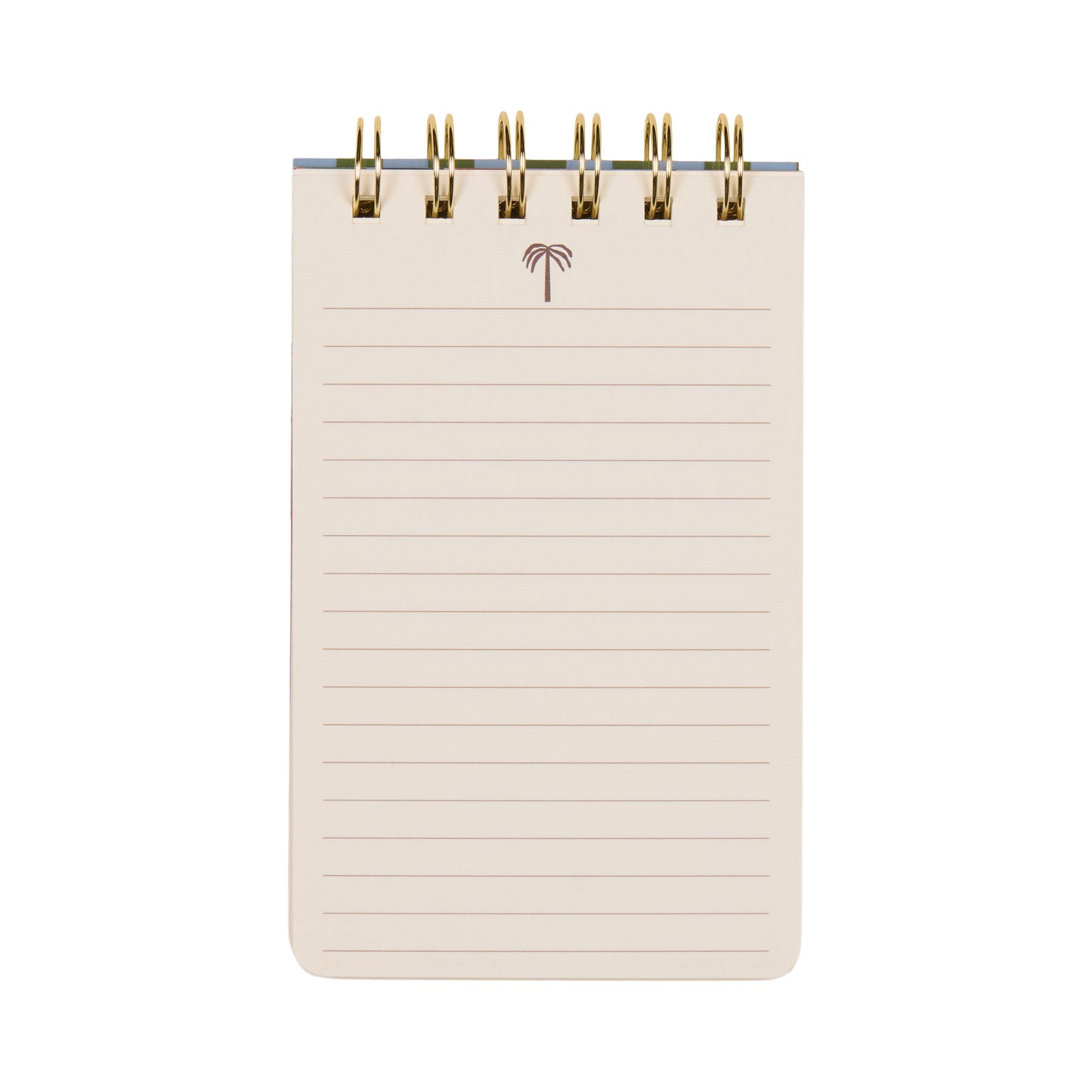 The A Dopo Twin Wire Notepad - Palm is a small, spiral-bound notepad featuring lined pages and a minimalist Mediterranean-inspired palm tree illustration centered at the top. Its beige background provides a stylish touch, making it perfect for jotting down notes.