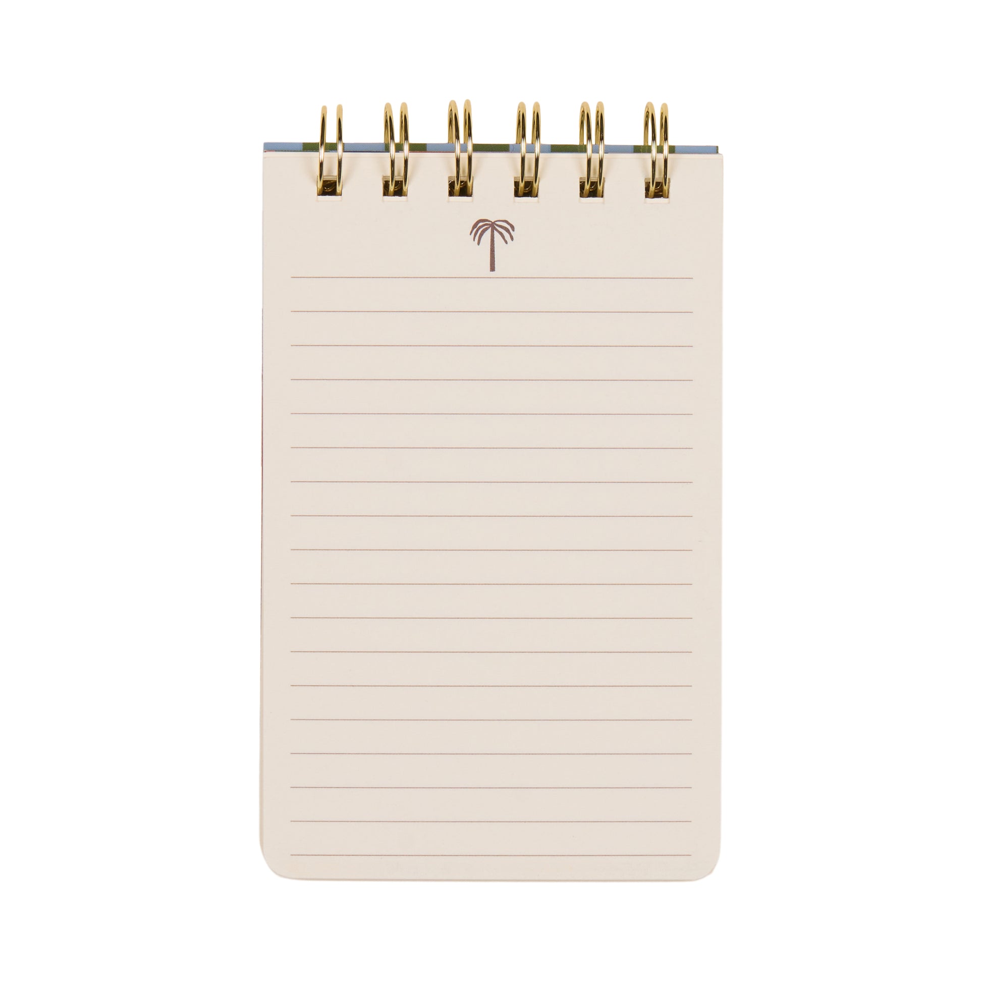 The A Dopo Twin Wire Notepad - Palm is a small, spiral-bound notepad featuring lined pages and a minimalist Mediterranean-inspired palm tree illustration centered at the top. Its beige background provides a stylish touch, making it perfect for jotting down notes.