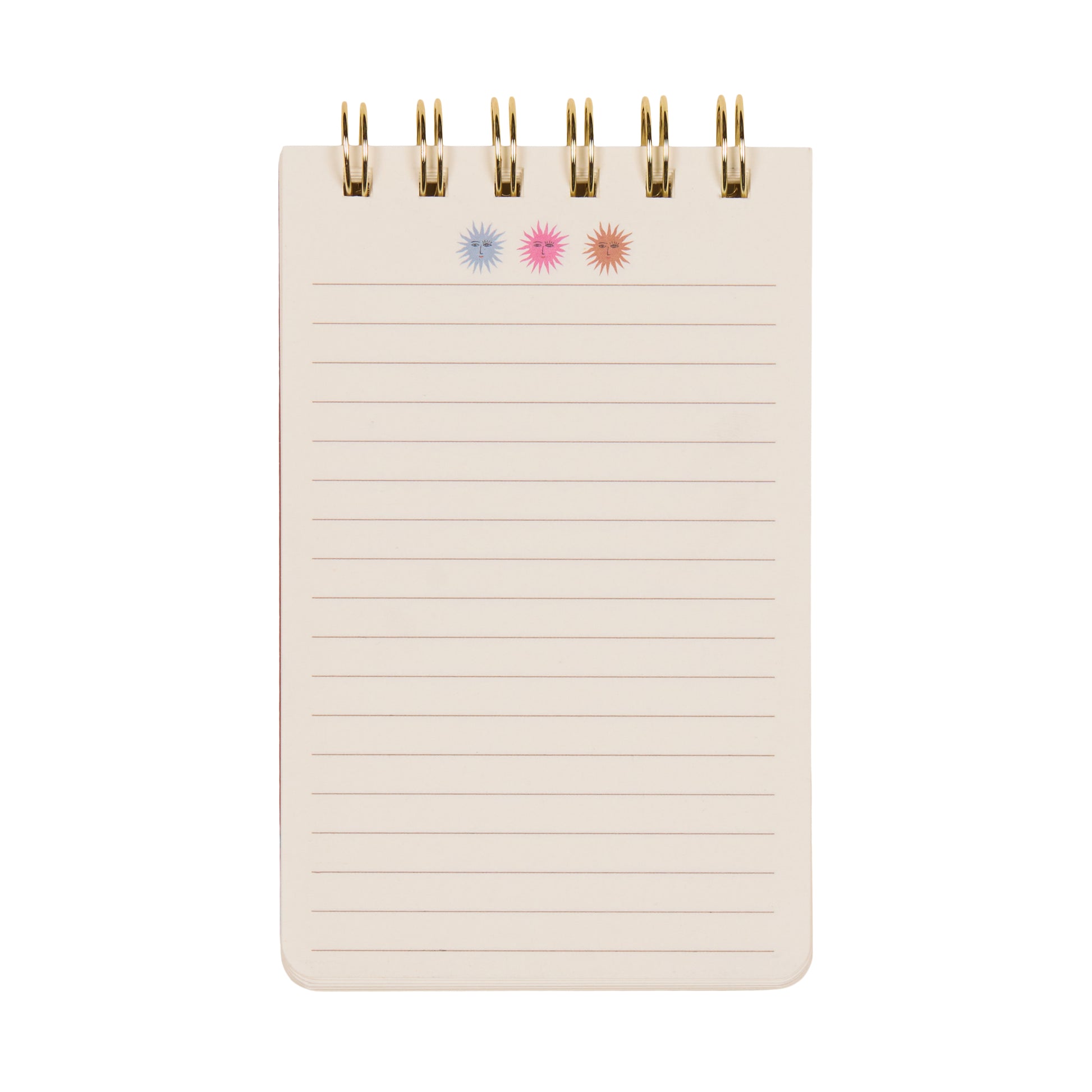The A Dopo Twin Wire Notepad - Sun is a compact, spiral-bound notepad with lined pages, adorned at the top with three hand-drawn starburst symbols in blue, pink, and red set against a crisp white background. This delightful piece of creative stationery adds a touch of personality to your everyday note-taking.