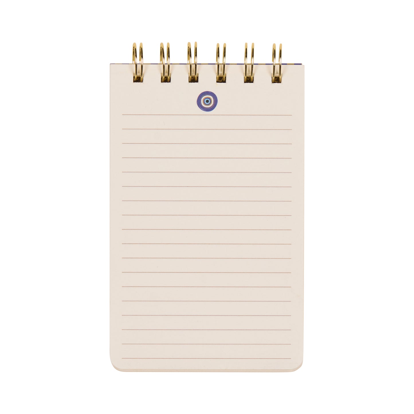 The A Dopo Twin Wire Notepad - Eye is a compact, lined notepad featuring blank pages with subtle, hand-drawn Mediterranean-inspired designs and gold twin wire binding at the top—perfect for jotting down notes or ideas, shown here against a white background.