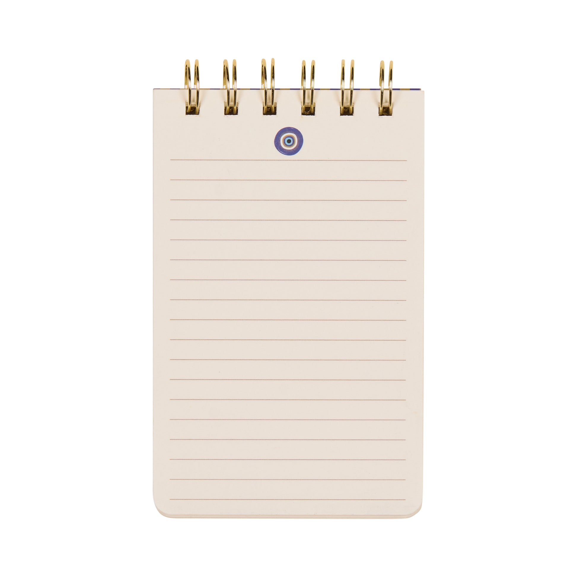The A Dopo Twin Wire Notepad - Eye is a compact, lined notepad featuring blank pages with subtle, hand-drawn Mediterranean-inspired designs and gold twin wire binding at the top—perfect for jotting down notes or ideas, shown here against a white background.