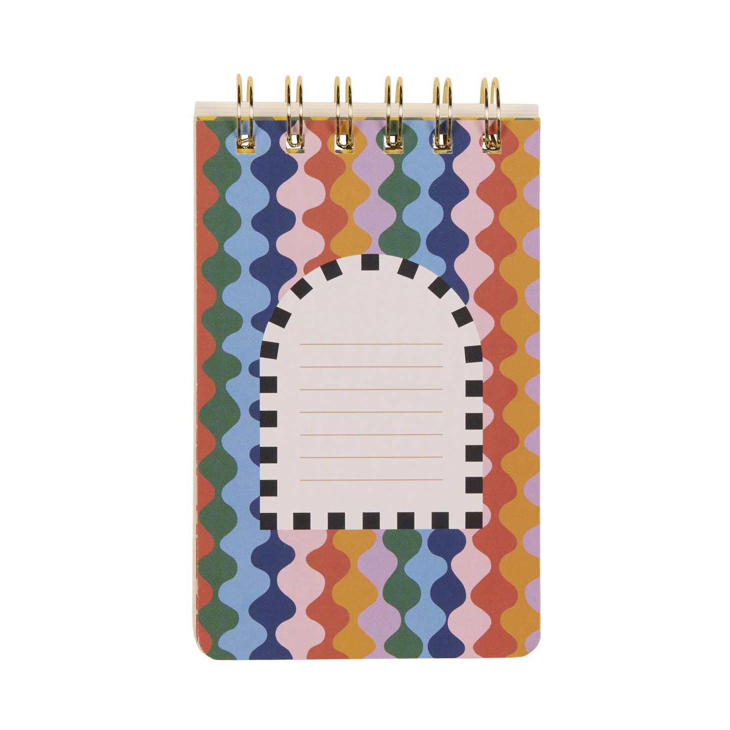A Dopo Twin Wire Notepad - Eye: A small spiral notepad with a Mediterranean-inspired, colorful wavy pattern and a white arch-shaped label accented by black stripes and hand-drawn designs for writing on the front cover.