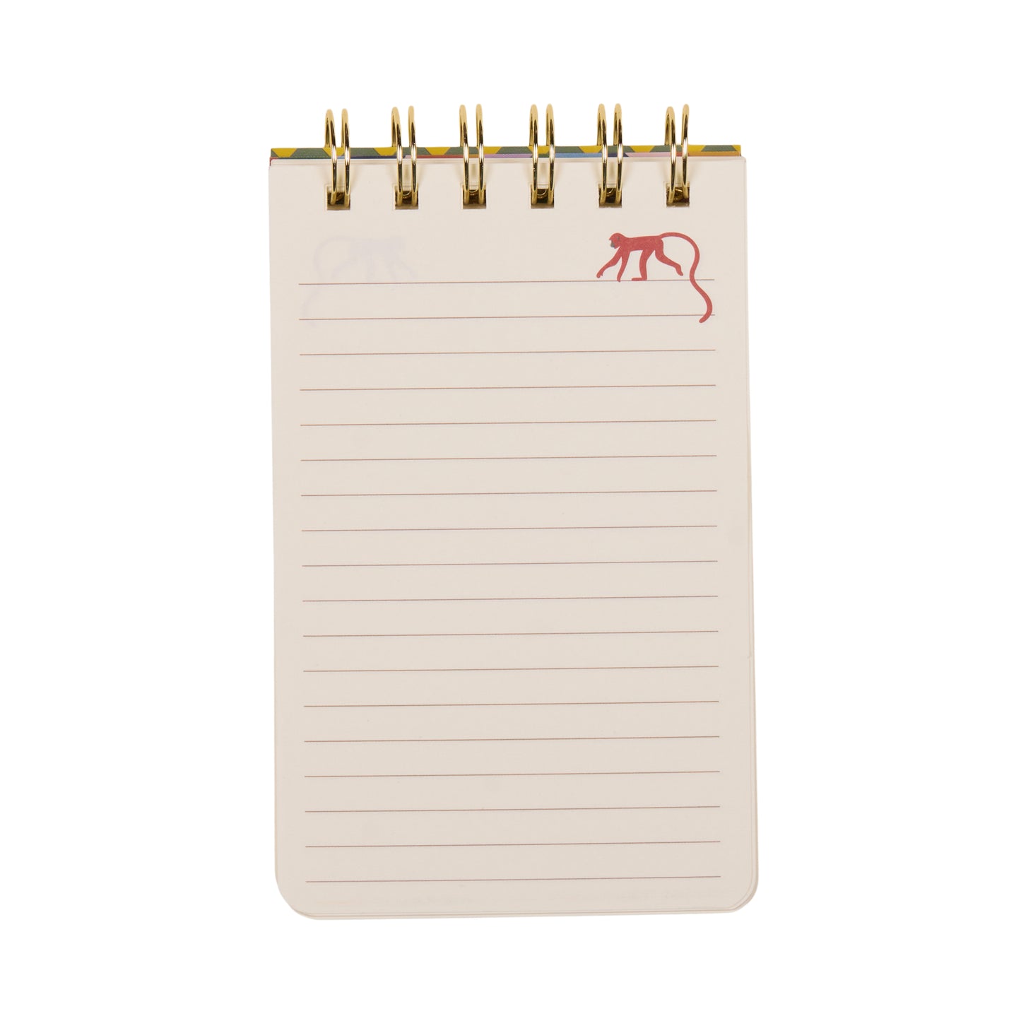 A Dopo Twin Wire Notepad - Monkey features a small spiral-bound format with lined pages and a playful red outline drawing of a monkey in the top right corner. The notepad showcases charming hand-drawn designs on a white background.