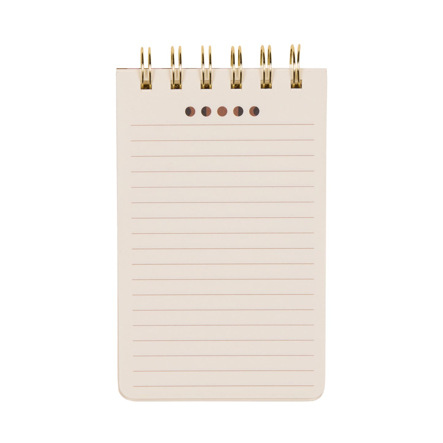 Introducing the A Dopo Twin Wire Notepad - Moon Phases: a compact, spiral-bound notepad inspired by Mediterranean design. It features lined, blank pages on a crisp white background, with elegant gold twin-wire binding at the top and five punched holes just below for added versatility. Perfect for stationery enthusiasts and lovers of hand-drawn motifs, this notepad blends creativity with functional style.