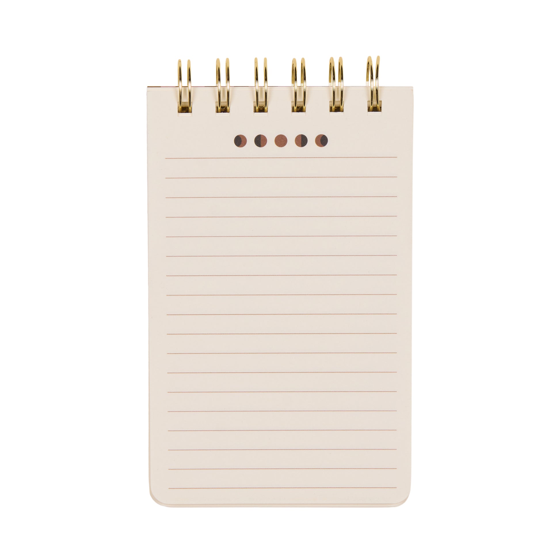 Introducing the A Dopo Twin Wire Notepad - Moon Phases: a compact, spiral-bound notepad inspired by Mediterranean design. It features lined, blank pages on a crisp white background, with elegant gold twin-wire binding at the top and five punched holes just below for added versatility. Perfect for stationery enthusiasts and lovers of hand-drawn motifs, this notepad blends creativity with functional style.