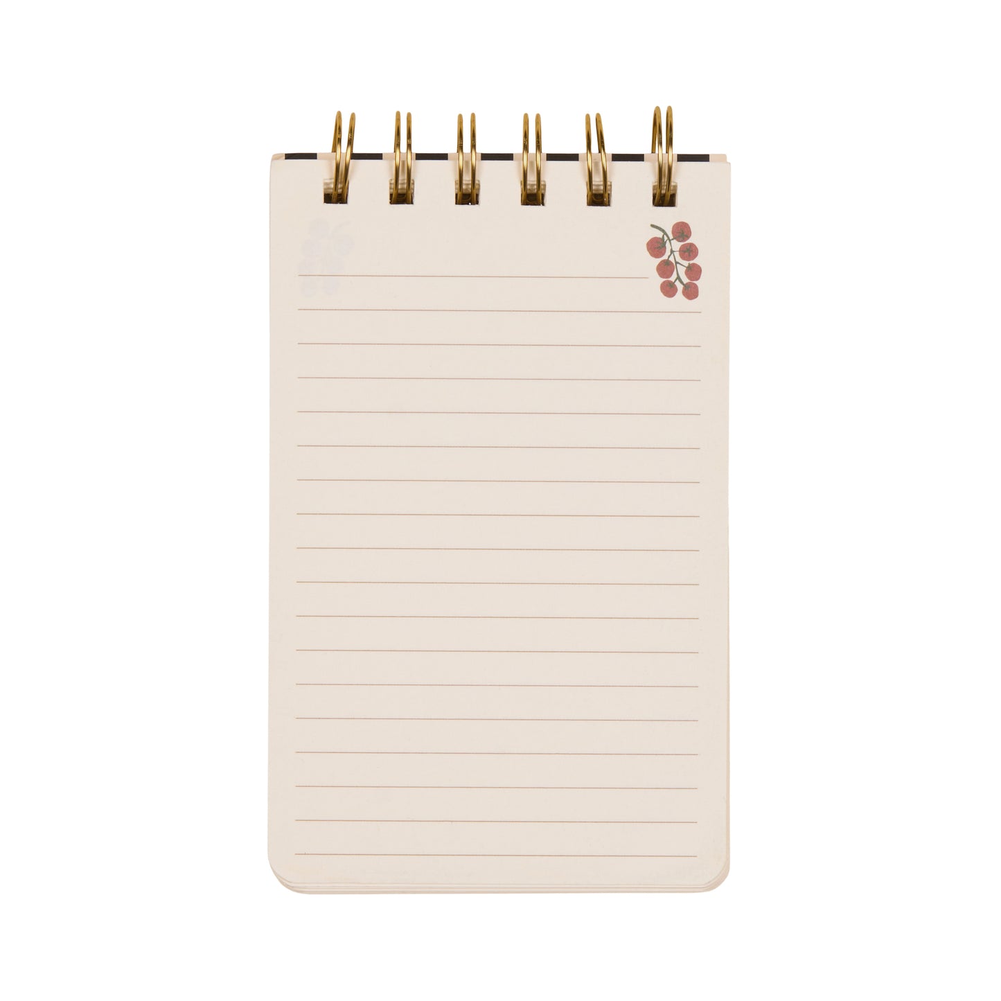 A Dopo Twin Wire Notepad - Tomato: A small, spiral-bound notepad with lined pages and a cluster of red tomatoes in the top right corner, featuring subtle Mediterranean-inspired hand-drawn designs, photographed on a white background.
