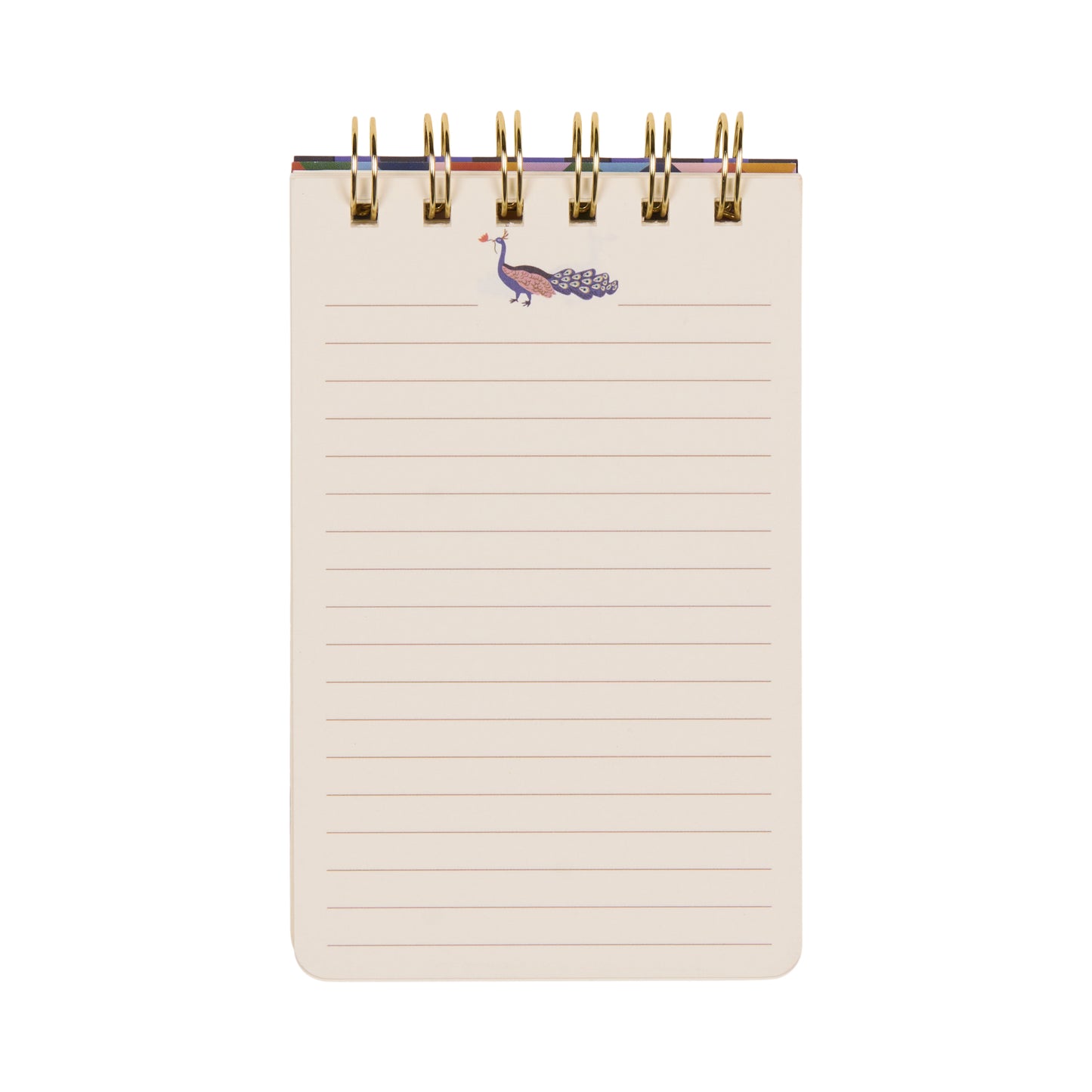 The A Dopo Twin Wire Notepad - Peacock is a small, spiral-bound notepad with lined pages and a distinctive purple peacock illustration at the top, showcasing unique hand-drawn designs inspired by Mediterranean stationery, all set against a clean white background.