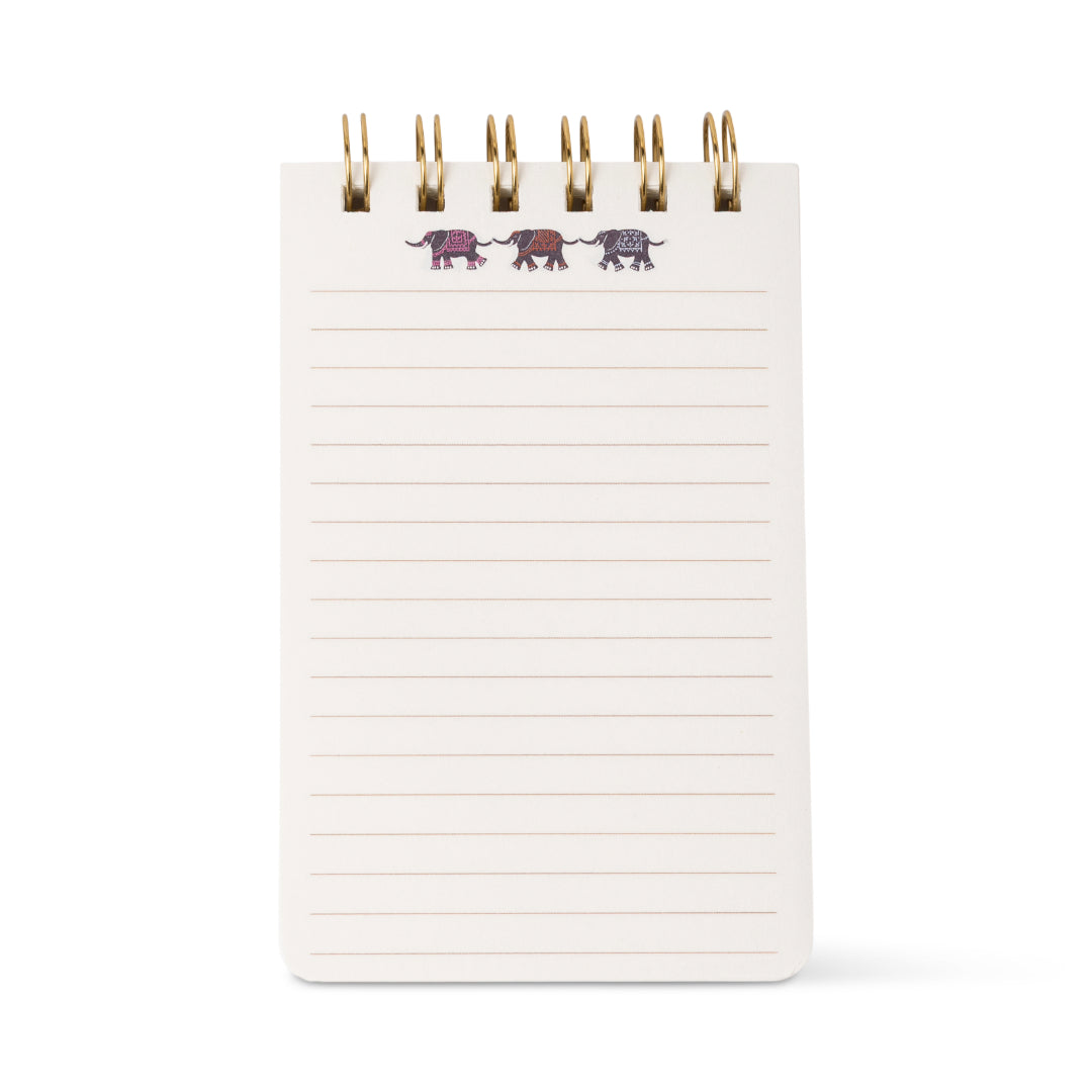 The A Dopo Twin Wire Notepad - Elephant is a compact, eco-friendly stationery essential with lined pages. It features three illustrated elephants at the top, each adorned in unique colors and patterns, adding a playful touch to your daily notes.