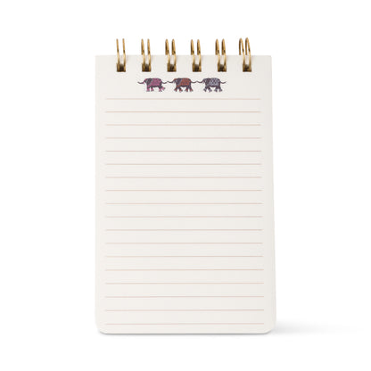 The A Dopo Twin Wire Notepad - Elephant is a compact, eco-friendly stationery essential with lined pages. It features three illustrated elephants at the top, each adorned in unique colors and patterns, adding a playful touch to your daily notes.