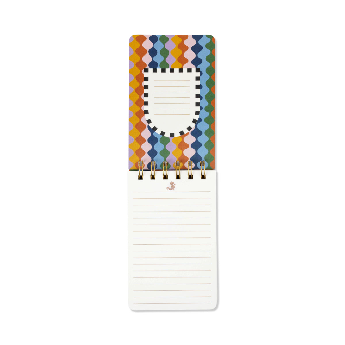 A spiral-bound lined notepad with a colorful geometric patterned cover and white lined pages, shown on a plain white background.