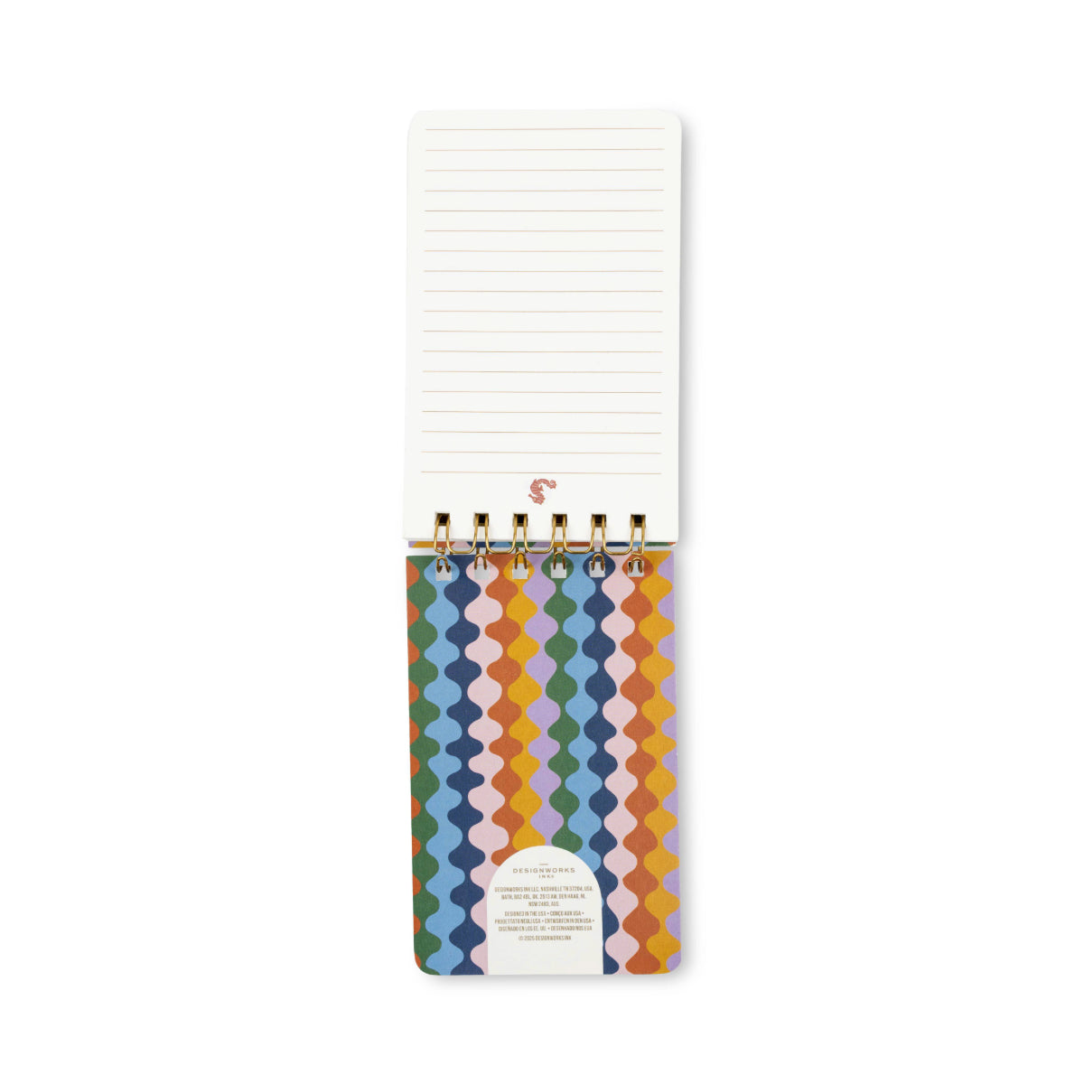 A spiral-bound lined notepad with a colorful geometric patterned cover, shown open against a plain white background.