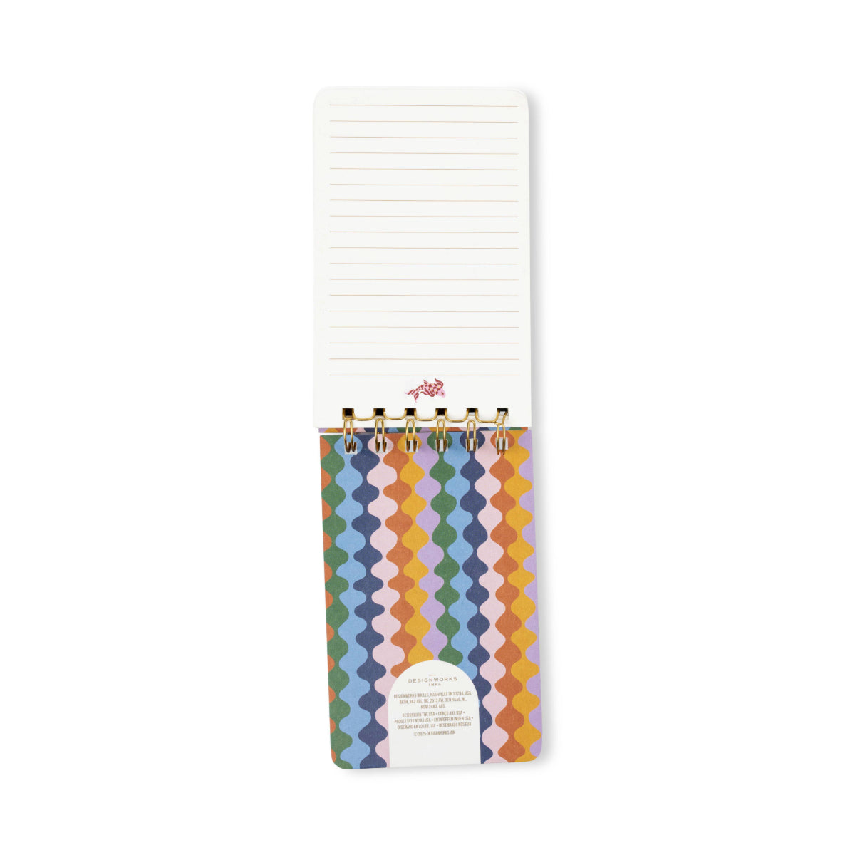 The A Dopo Fish Twin Wire Notepad features an open spiral design, a vibrant geometric patterned cover, and vertically oriented, lined white acid-free pages. The notepad is displayed against a white background.