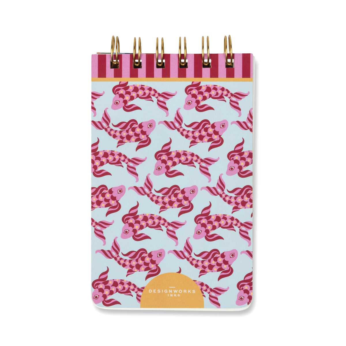 The A Dopo Fish Twin Wire Notepad is a compact notepad with a cover showcasing a repeating pattern of pink and red koi fish set against a light blue background. It features gold twin wire binding at the top and contains acid-free paper, making it ideal for jotting down notes or sketches while ensuring your work is preserved.