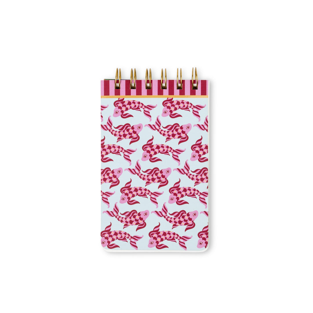 The A Dopo Fish Twin Wire Notepad is a compact notepad adorned with a pink and red koi fish pattern on a white background, crafted from acid-free paper for durable notes and an enhanced eco-friendly stationery experience.