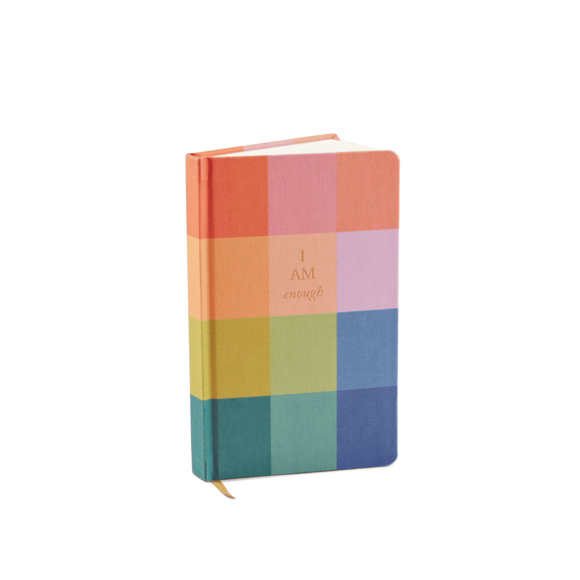 Rainbow checked bookcloth journal with gold foil accent reading I Am Enough on white background
