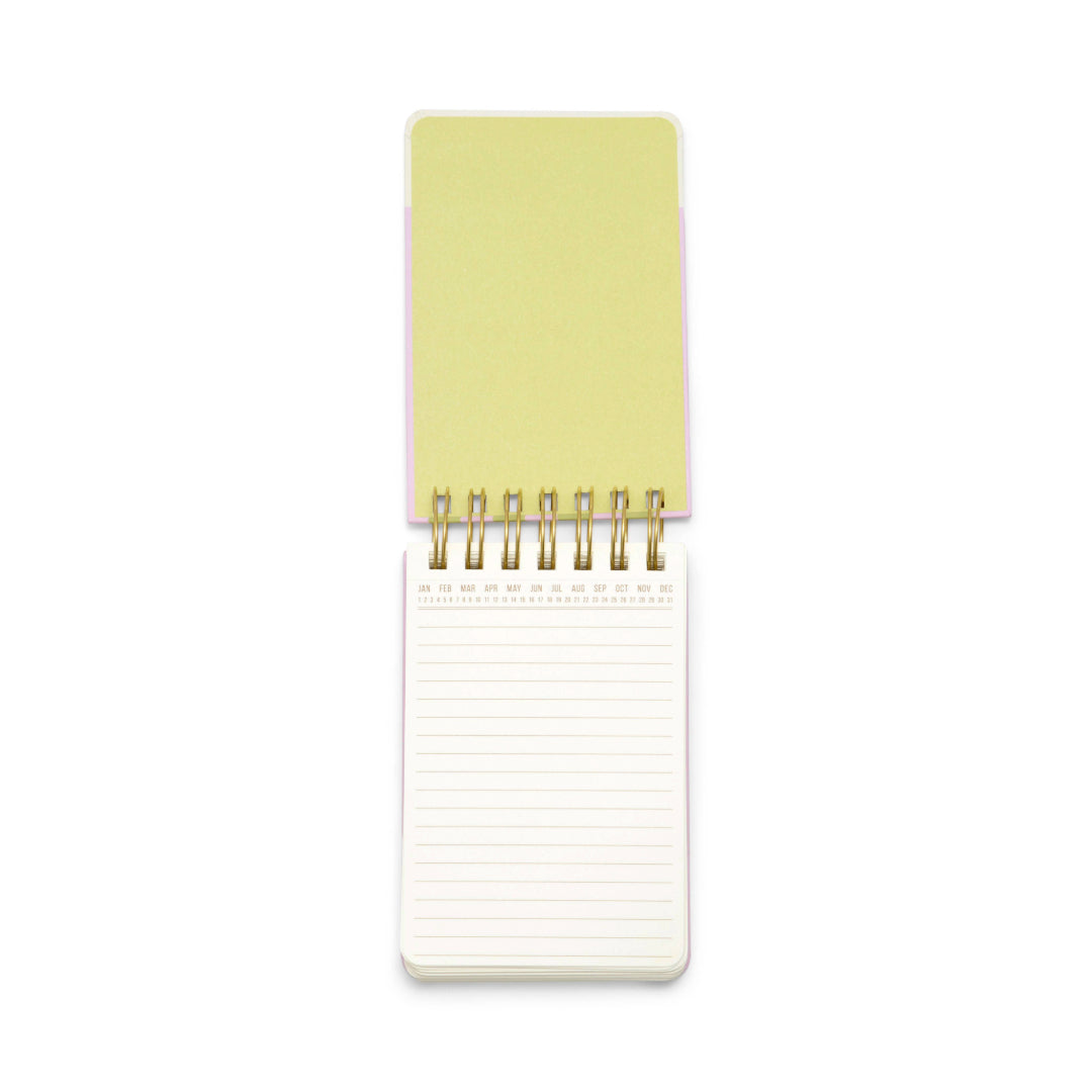 A Chunky Small Twin Wire Notepad - Wavy Stripes is centered on a plain white background, flipped open to reveal its lined white pages. The compact notepad features a vibrant yellow cover and spiral binding.