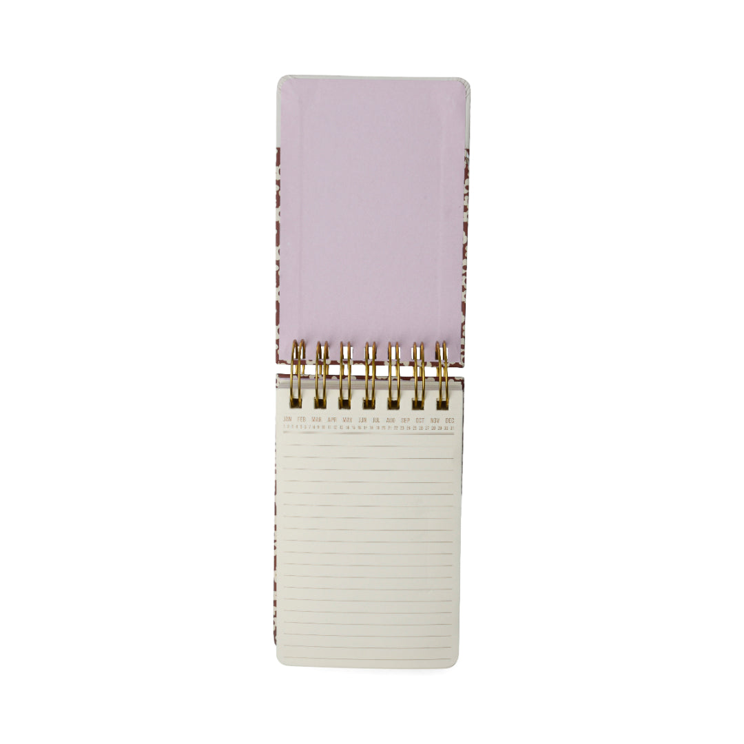Chunky Small Twin Wire Notepad in Burgundy Groovy Floral design featuring an open spiral (twin wire) binding, a sturdy hard cover, lined white pages—192 sheets total—and a monthly calendar strip at the top.
