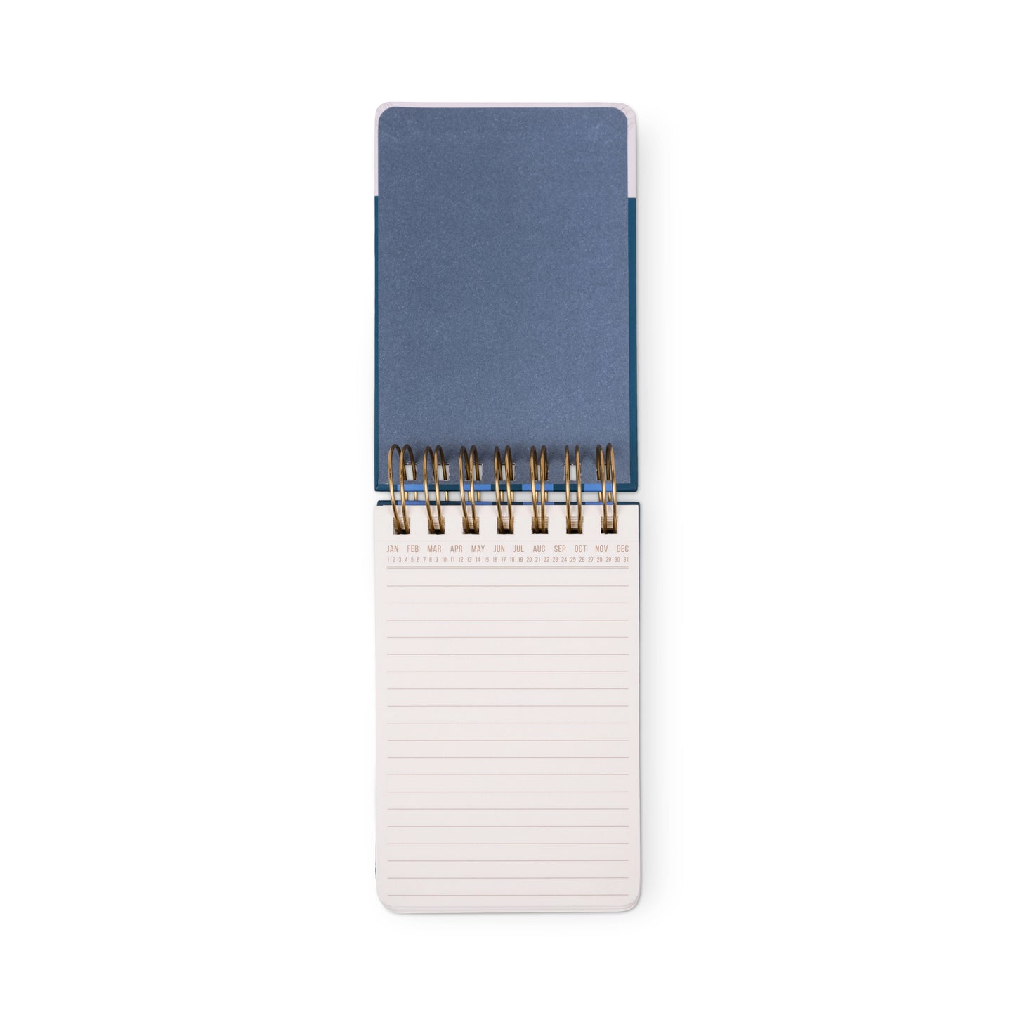 The Chunky Small Twin Wire Notepad - Blue & Navy features a blue cover, lined acid-free pages, and an open spiral-bound design, shown from above on a white background.