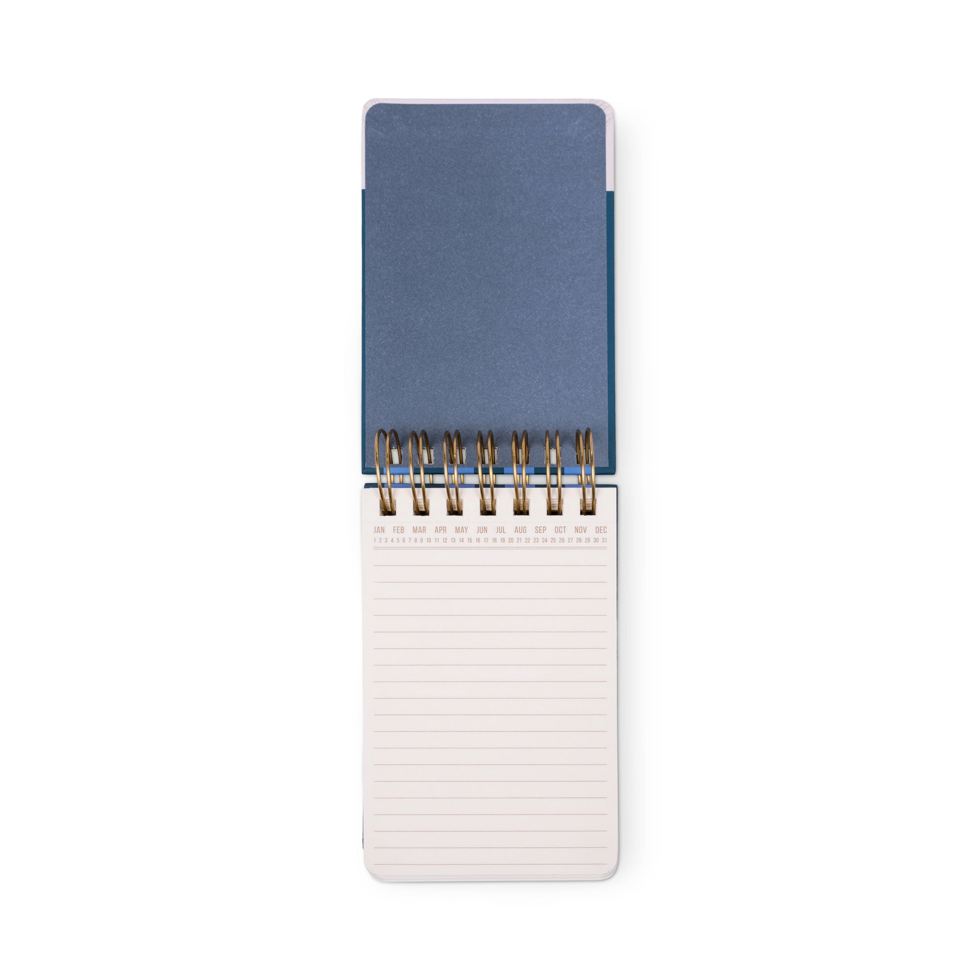 The Chunky Small Twin Wire Notepad - Blue & Navy features a blue cover, lined acid-free pages, and an open spiral-bound design, shown from above on a white background.