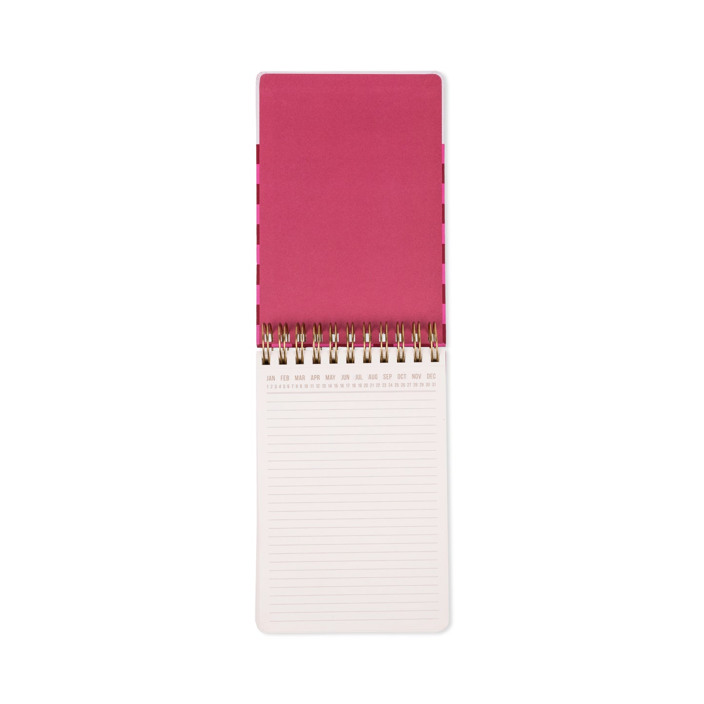 A Chunky Large Twin Wire Notepad - Burgundy + Pink is open on a white background, displaying lined acid-free white pages beneath its pink cover in a vertical orientation.