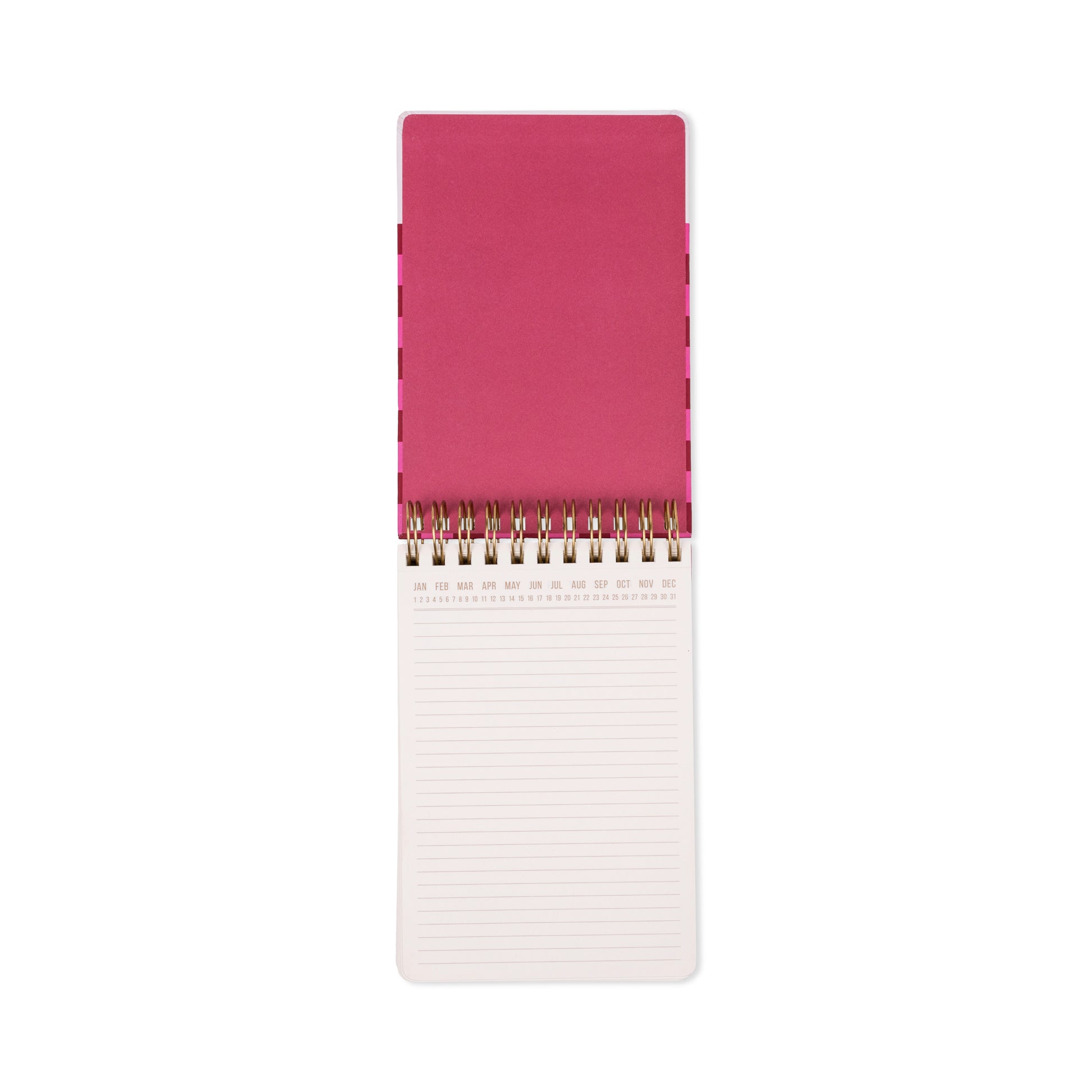 A Chunky Large Twin Wire Notepad - Burgundy + Pink is open on a white background, displaying lined acid-free white pages beneath its pink cover in a vertical orientation.