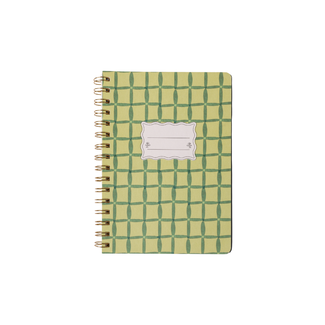 The Tulip Twin Wire Notebook - Small Green Lattice features a stylish yellow-green geometric cover and central white label area, perfect for names or subjects—ideal for organized note-taking with flair.