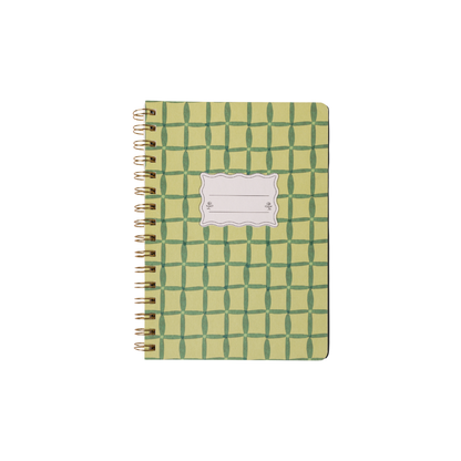 The Tulip Twin Wire Notebook - Small Green Lattice features a stylish yellow-green geometric cover and central white label area, perfect for names or subjects—ideal for organized note-taking with flair.