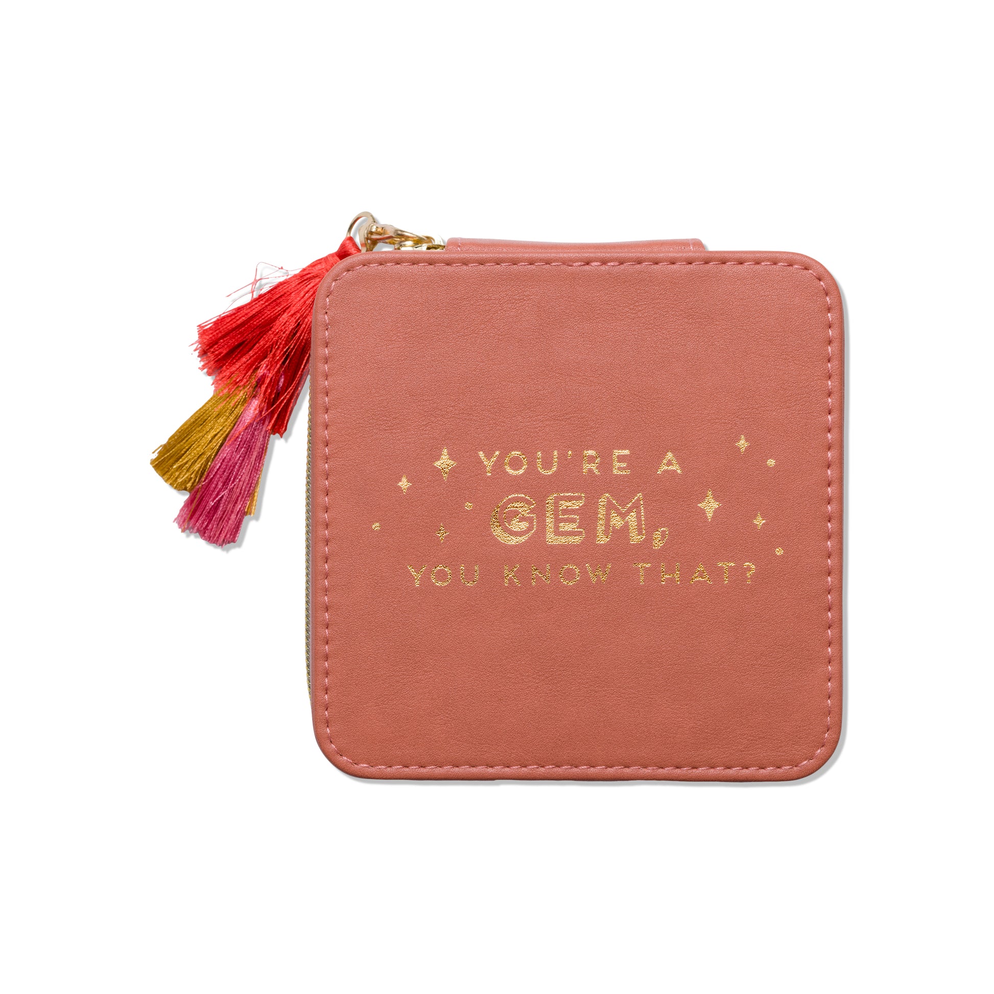 Square mini travel jewelry case with tassels and words printed "you're a Gem you know that?" on a white background