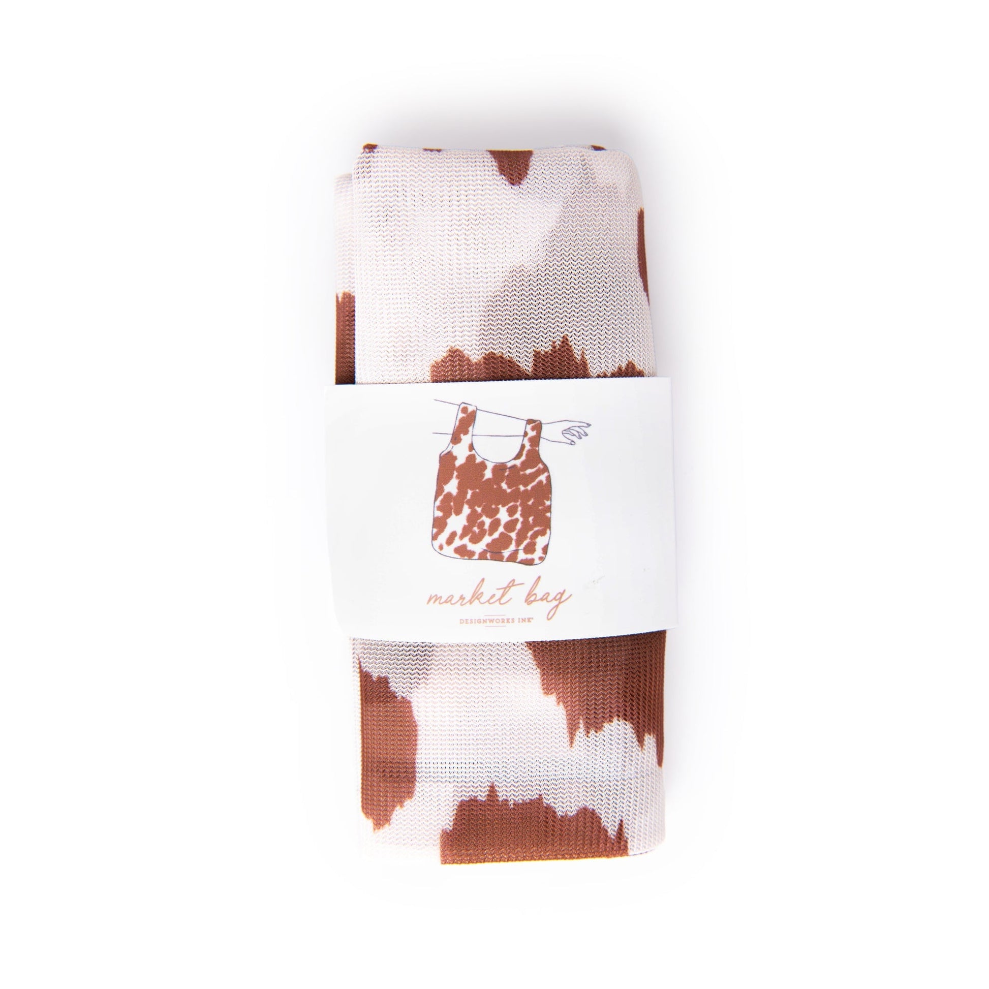 cowprint reusable market bag rolled and packaged with display strip