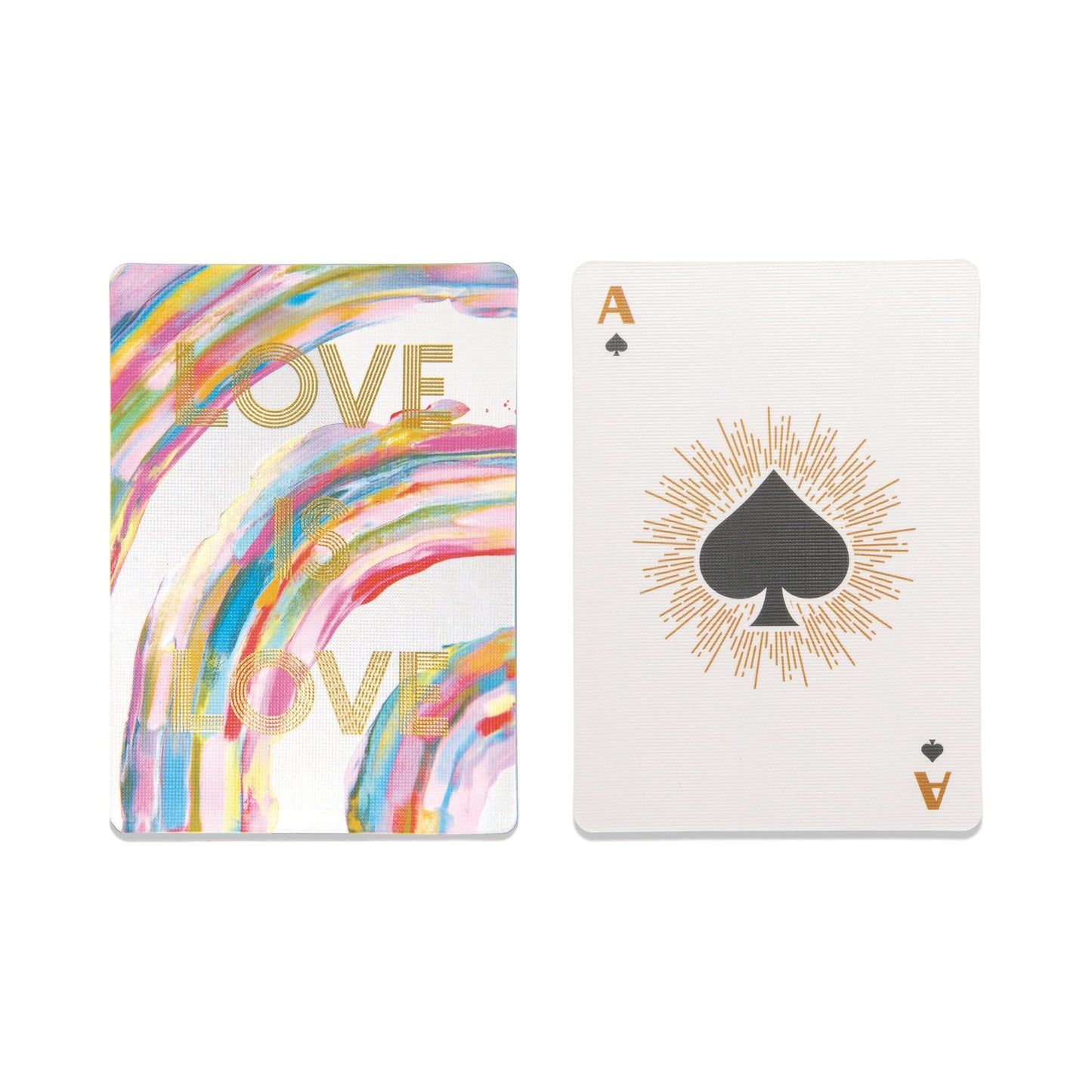 Love is love playing cards with rainbow designs on back and customized ace card on white background