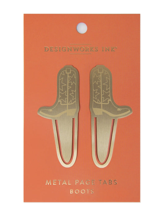 set of two gold colored metal page tabs with cowboy boot design