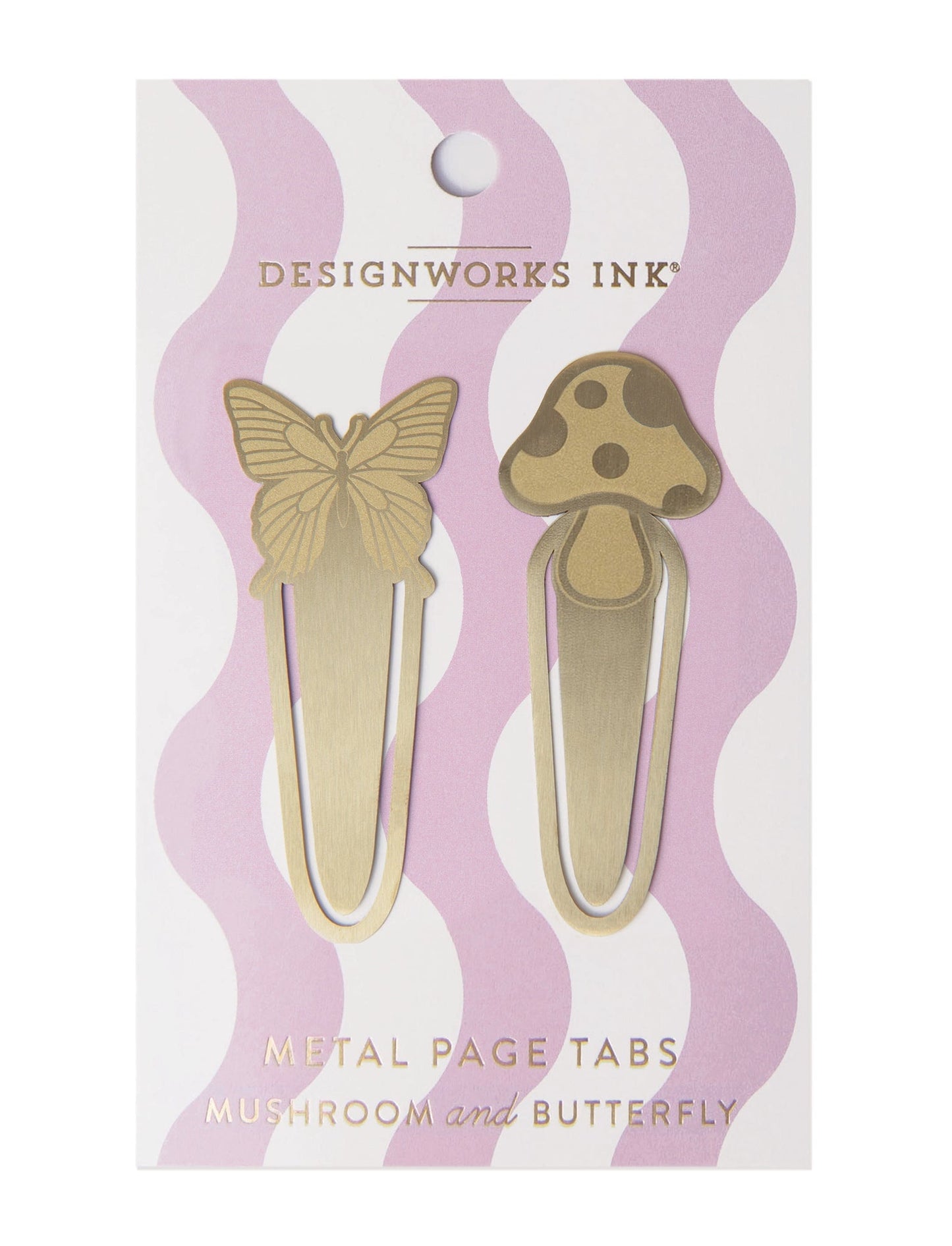 set of two gold colored metal page tabs, one with a butterfly design and one with a mushroom design
