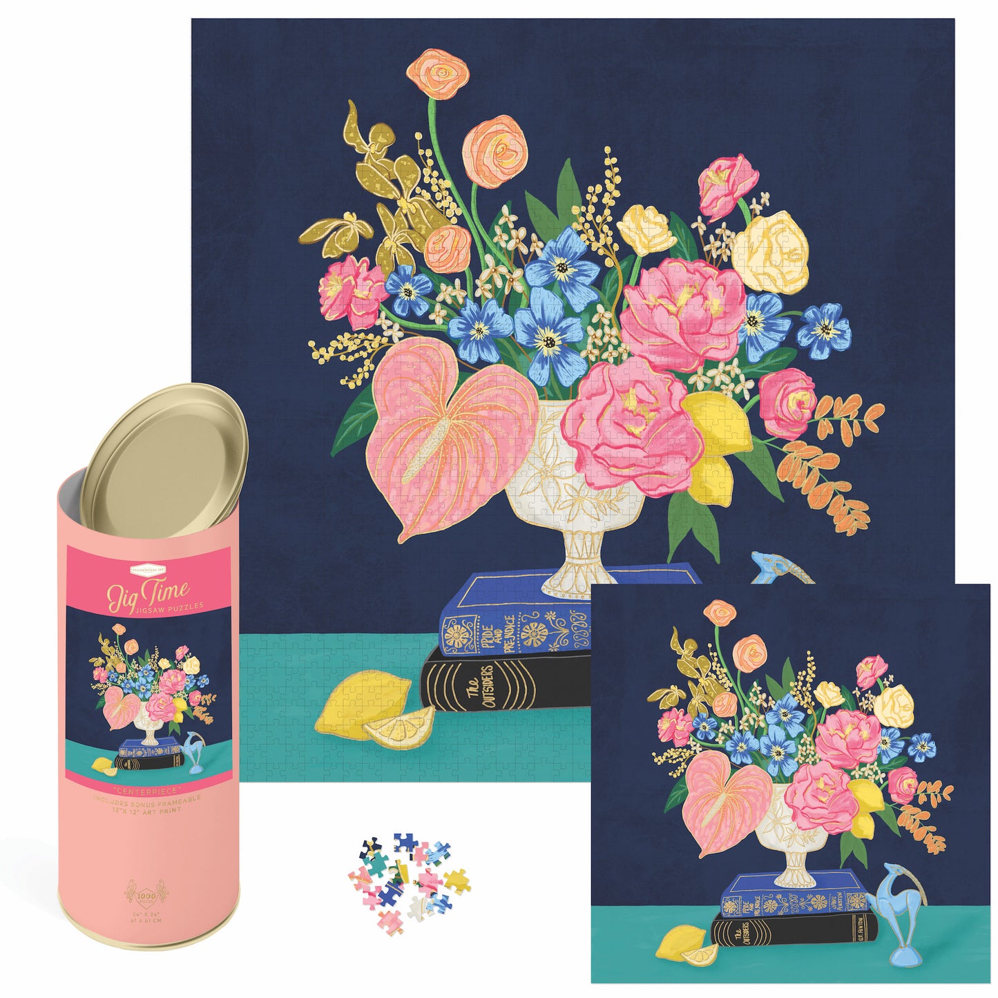 puzzle - floral centerpiece with metallic lidded tin