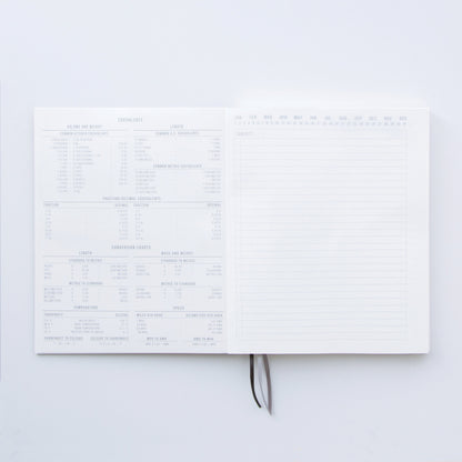 The Standard Issue Notebook No.3 - Blue is shown open against a white background, with conversion charts on the left page and a blank source list with monthly columns on the right, highlighting its high-quality construction.