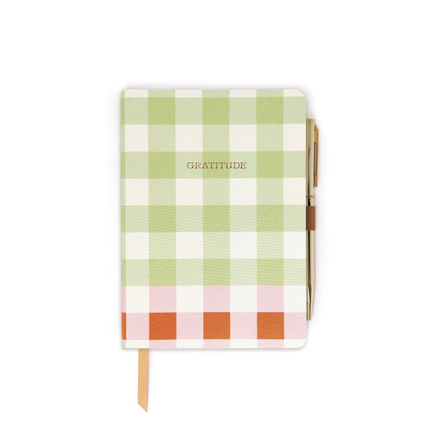 Gratitude journal with Orange gingham cover and gold pen on white background