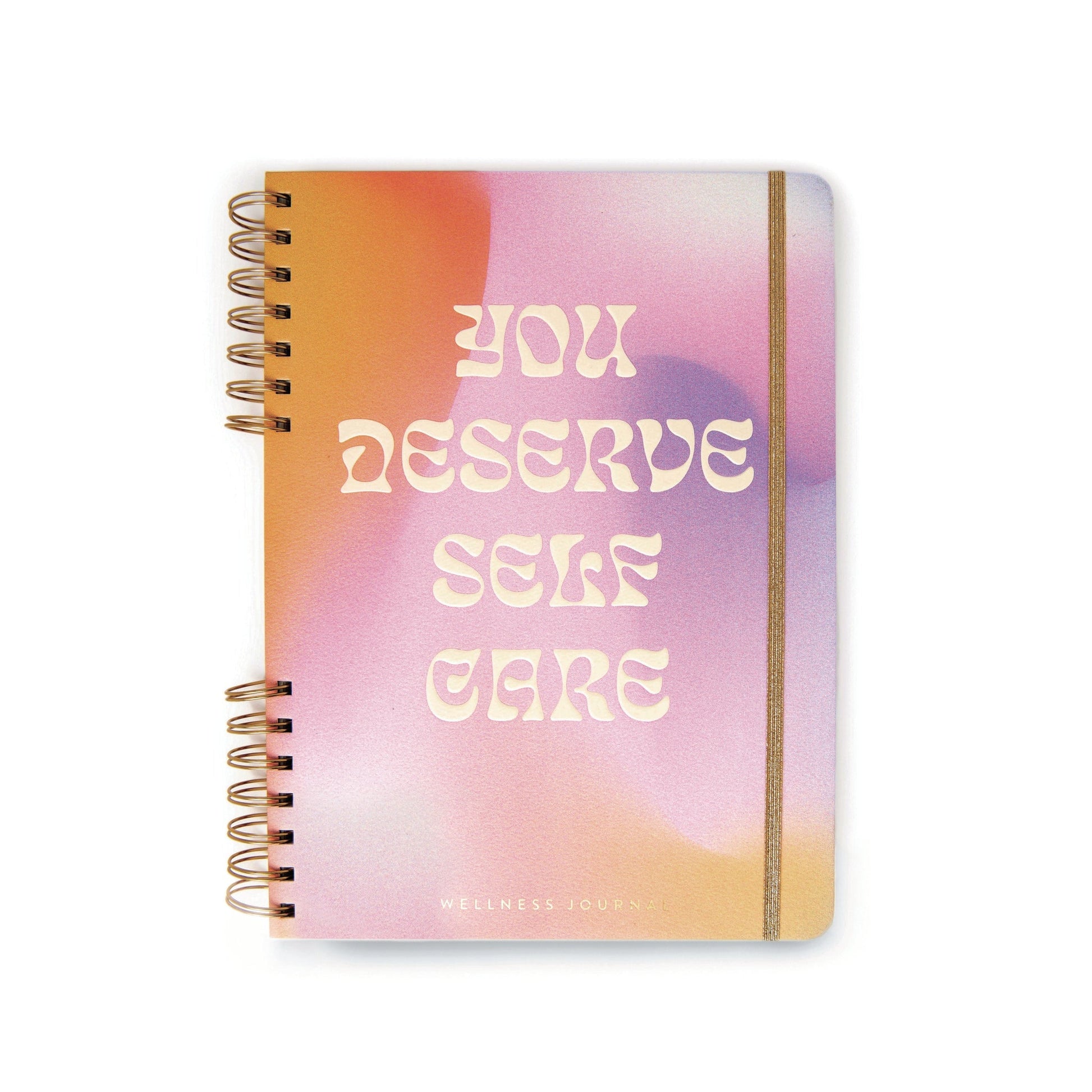 Guided wellness journal with metal coil binding, multicolored cover, and embossed text reading You Deserve Self Care
