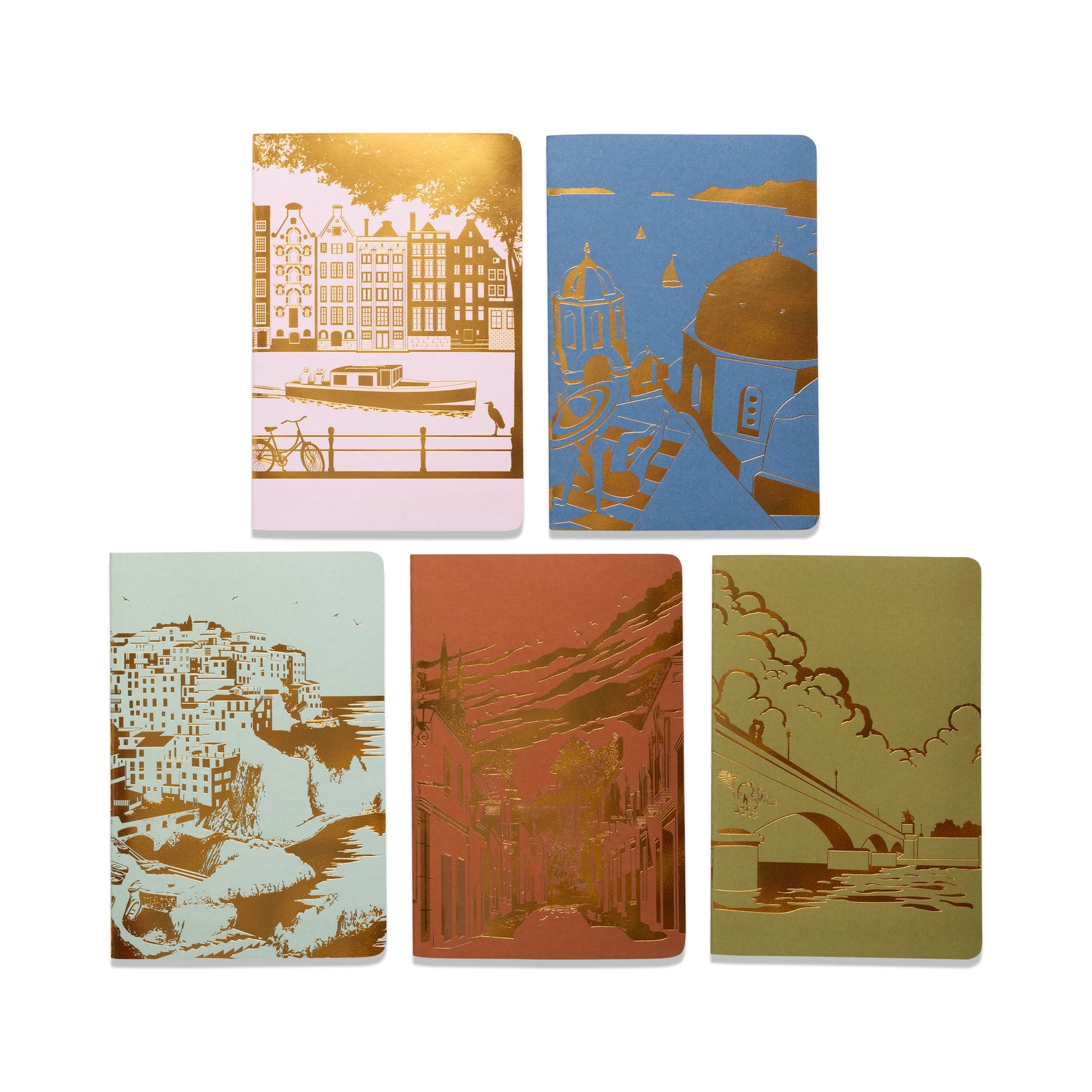 Travel Notebook Set - Anderson Design - 5 notebooks with scenic designs in gold emboss
