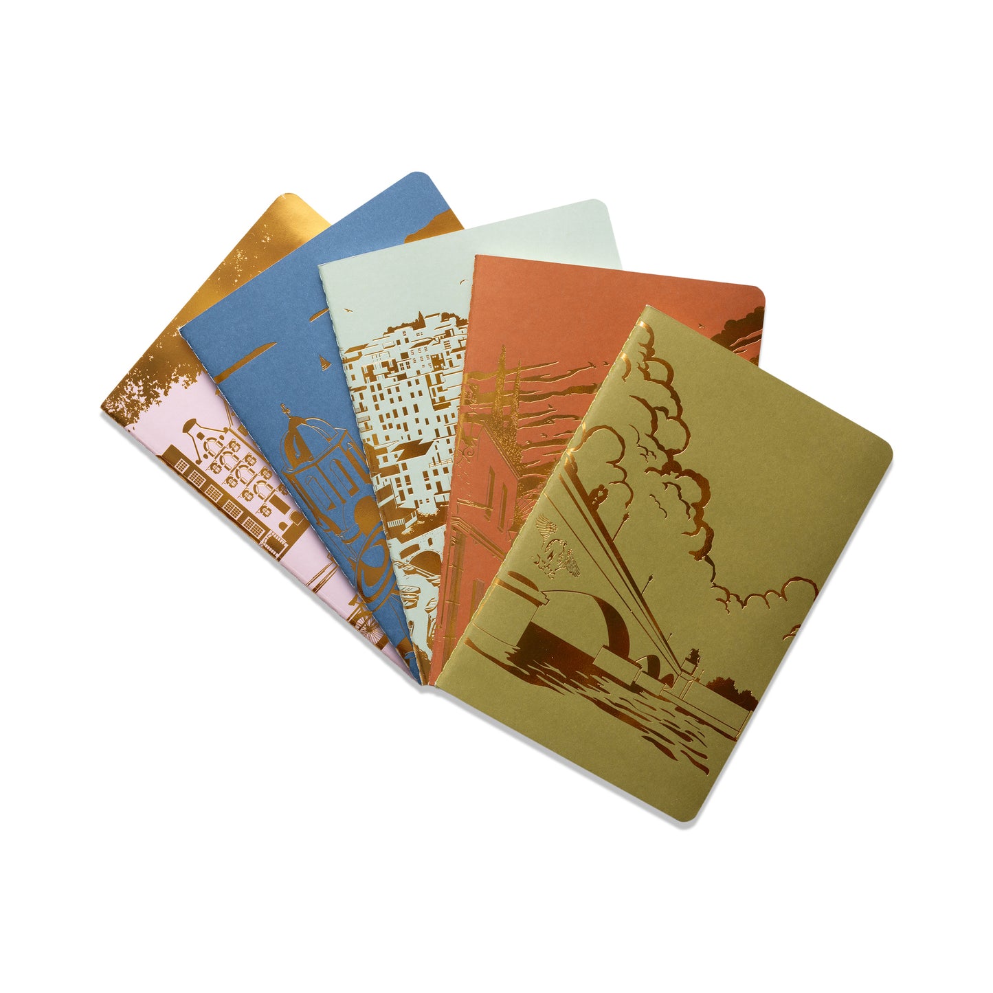 Travel Notebook Set - Anderson Design - five notebooks overlapping with scenic designs in gold foi