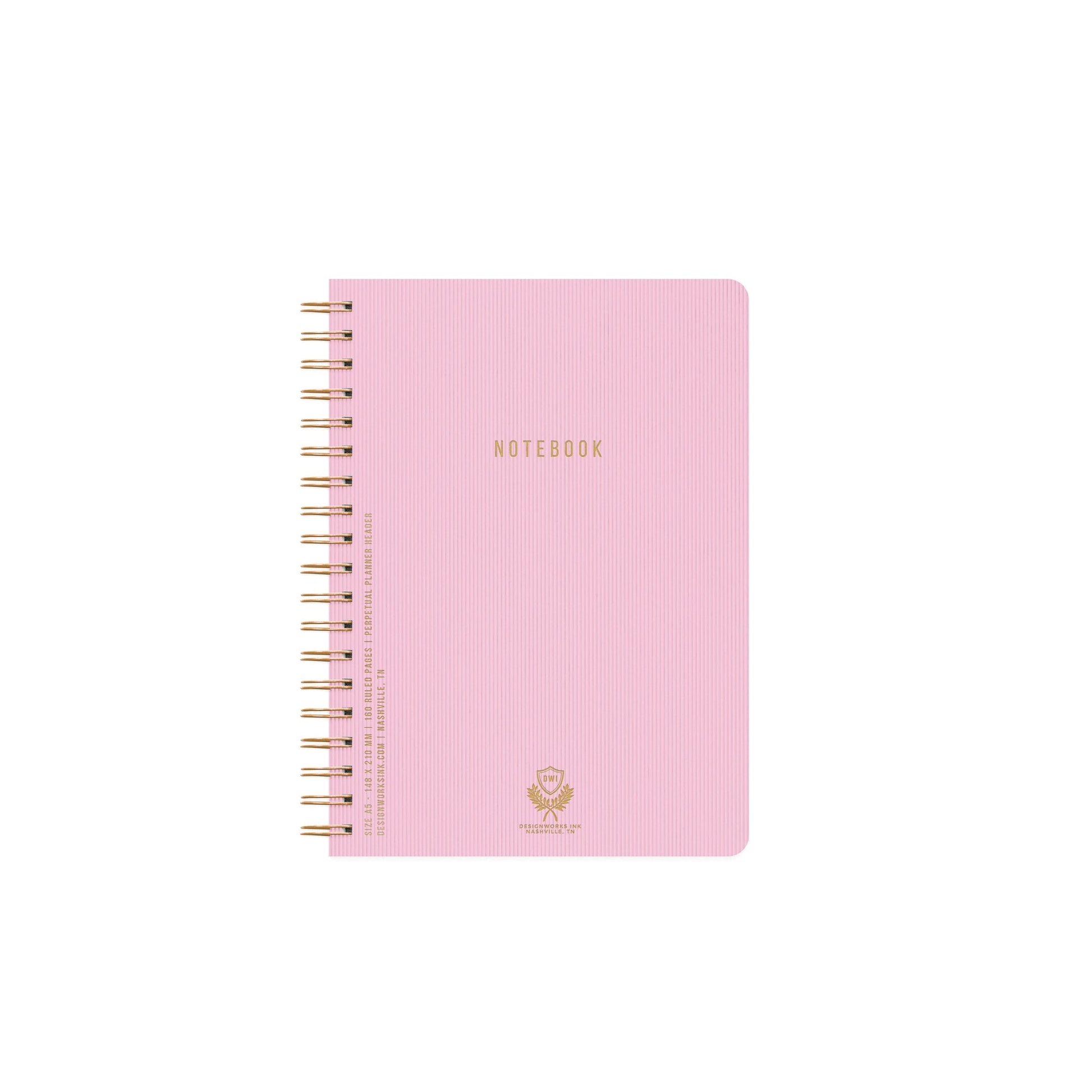 medium sized Textured Paper Twin Wire Notebook with lilac cover embossed with gold text reading Notebook