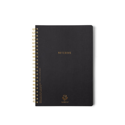 The Textured Paper Twin Wire Notebook - Large Ebony features a black softcover with gold NOTEBOOK lettering and twin wire binding, shown against a white background.