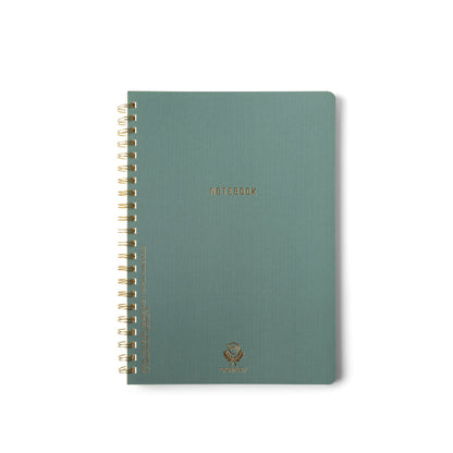 The Textured Paper Twin Wire Notebook - Large Juniper features a green textured cover with gold text and accents, durable twin wire binding, and is shown against a plain white background.