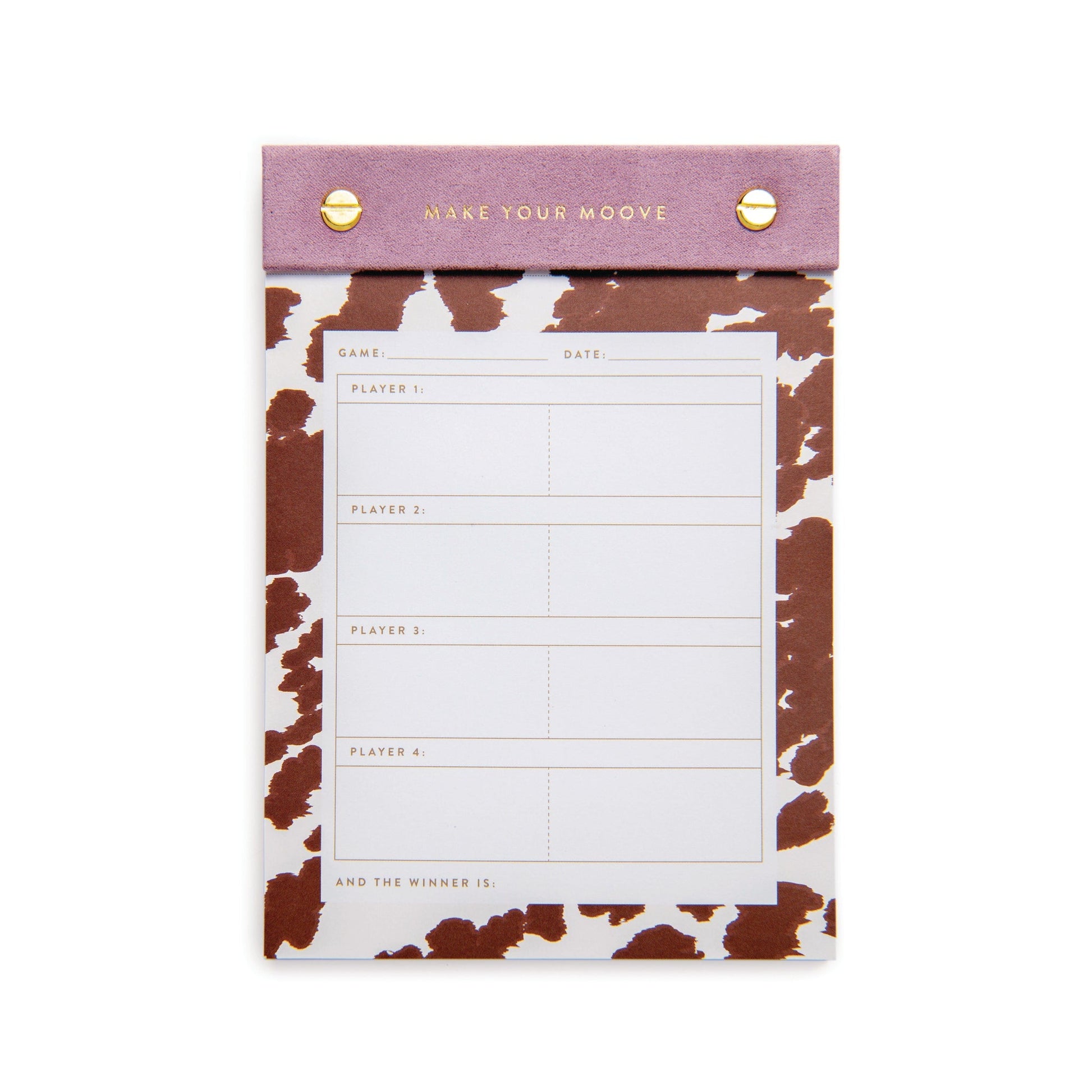 Make Your Moove - Game Score Post-Bound Pad with cowprint outline and lines for scorekeeping.