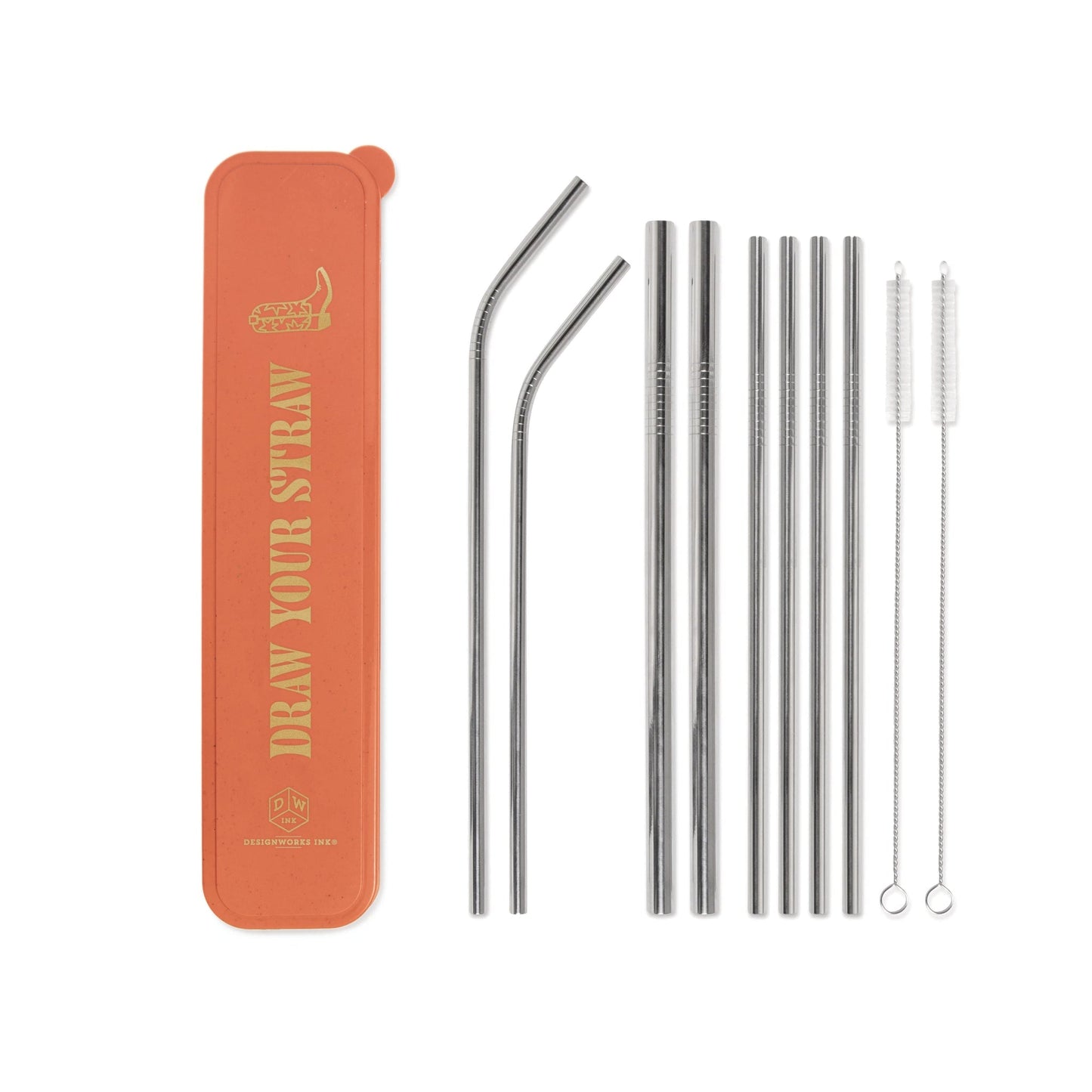 stainless steel straw set with eight straws of varying design with two brushes and an orange case with boot and text embossed in gold; text reads "Draw Your Straw"